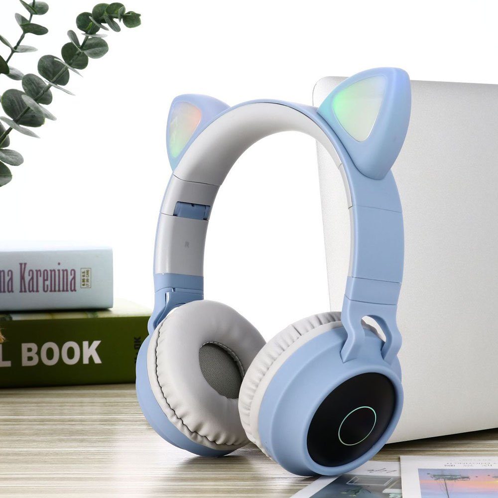Mikrofon, niedliches Bluetooth-Kopfhörer LED-Leuchtender faltbar, GelldG mit Kopfhörer Katzenohr