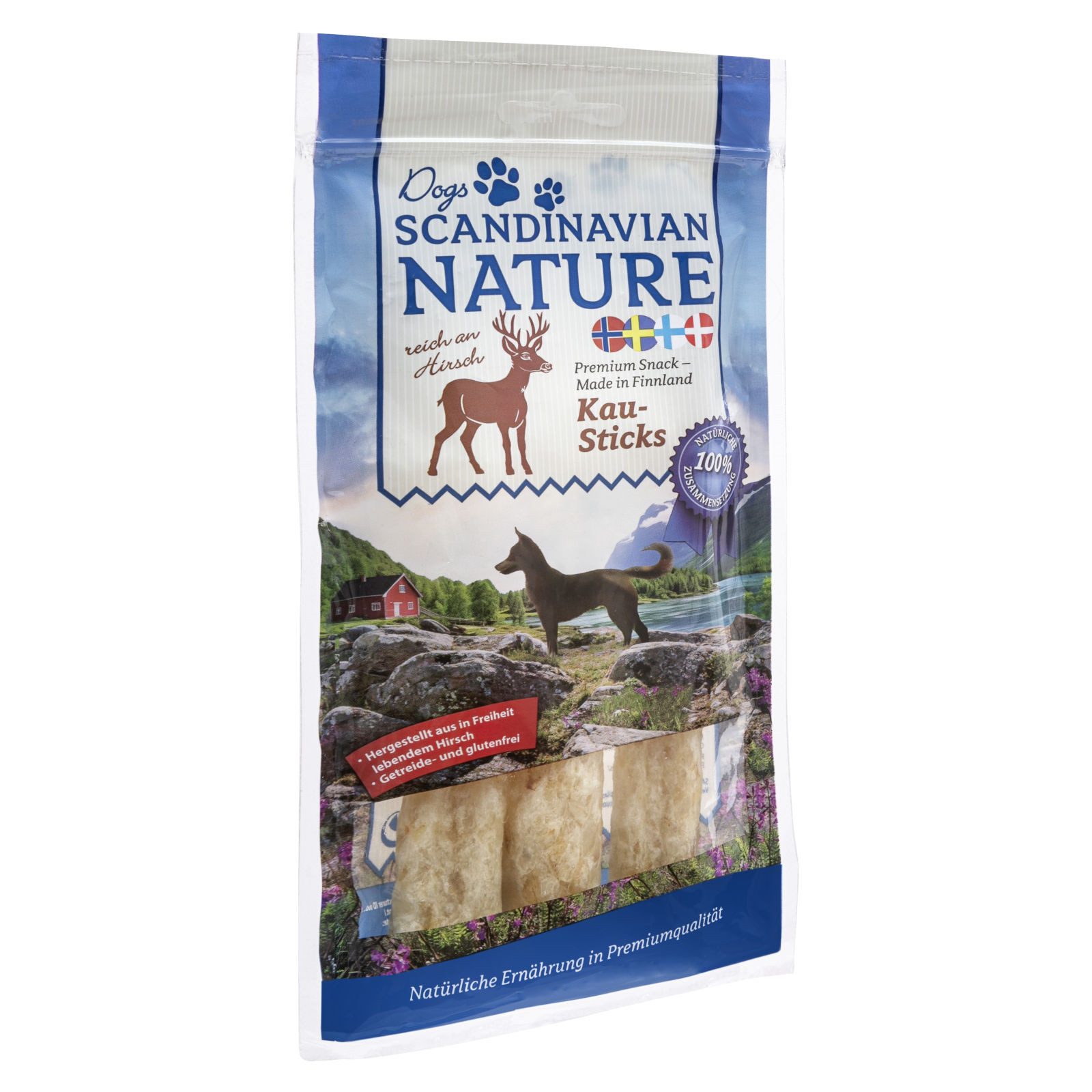Scandinavian Nature Dogs mit Hirsch, 3 Stück 45 g, Kausticks für Hunde, 135g