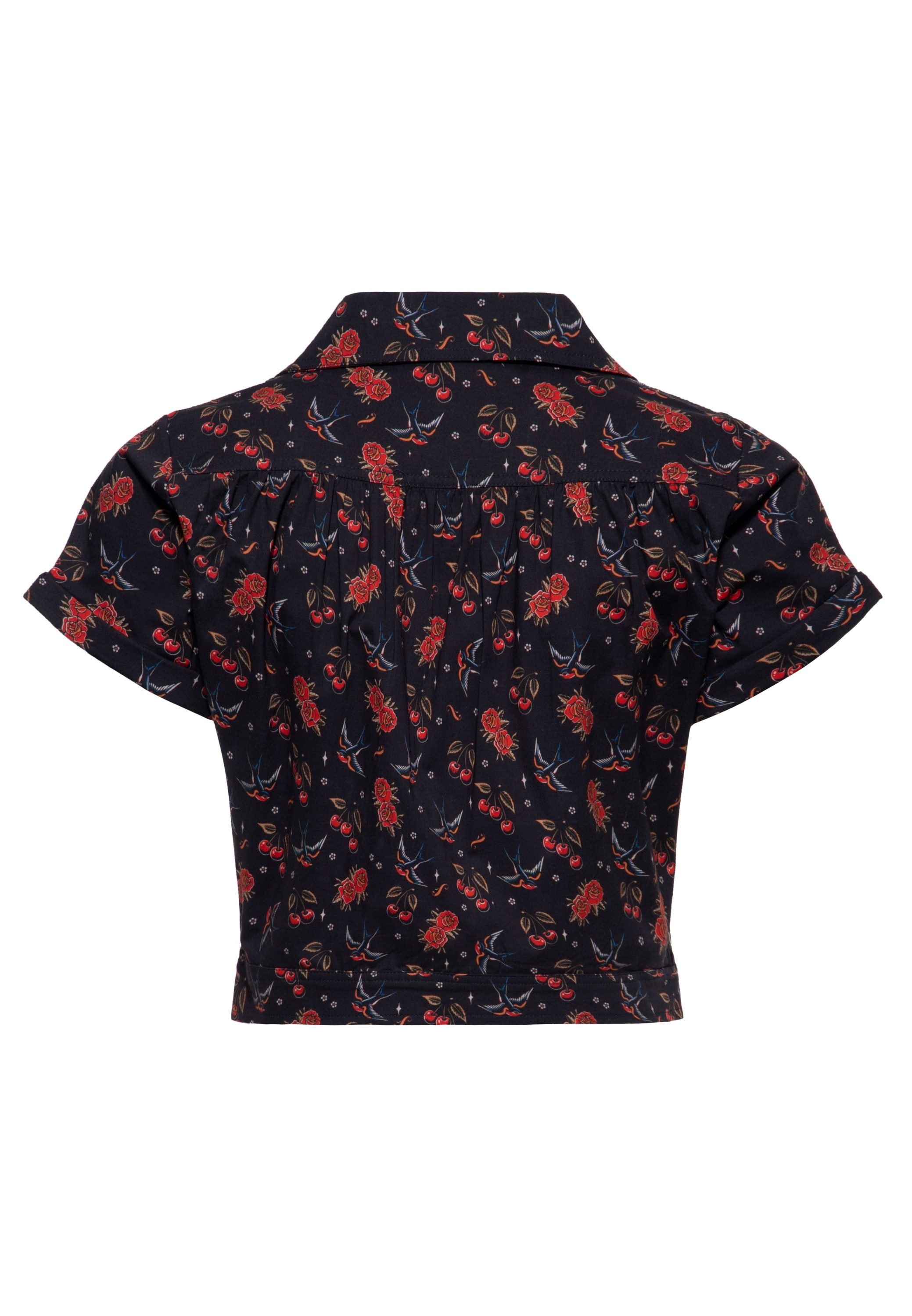 QueenKerosin Kurzarmbluse Cherries & Roses mit Allover-Print