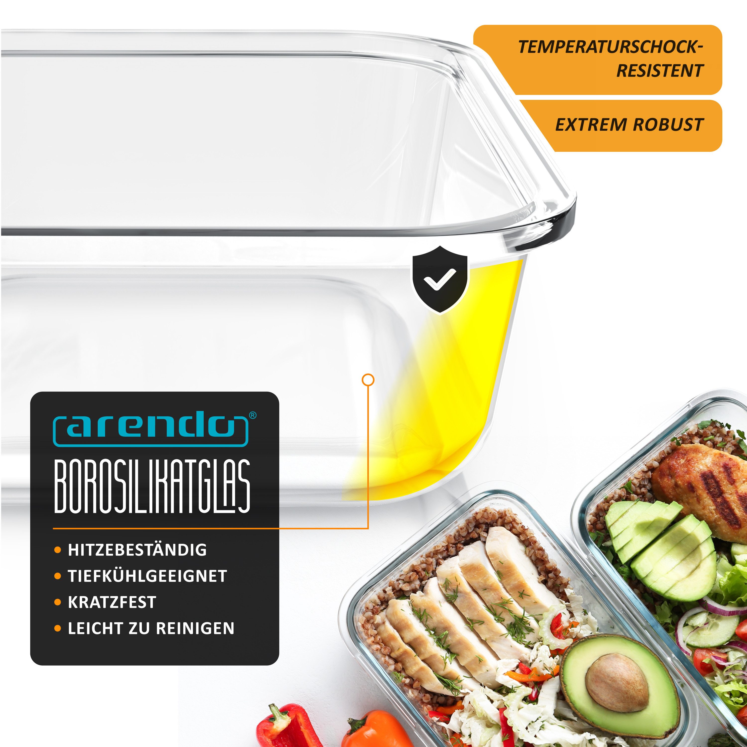 Arendo Frischhaltedose mit Deckel 5er Set, Vorratsdosen, Glas-Lunchboxen, auslaufsicher, Borosilikatglas, Kunststoff, (Set, 5-tlg., 5 x 1050 ml, rechteckig), Mi – Bild 4 von 5