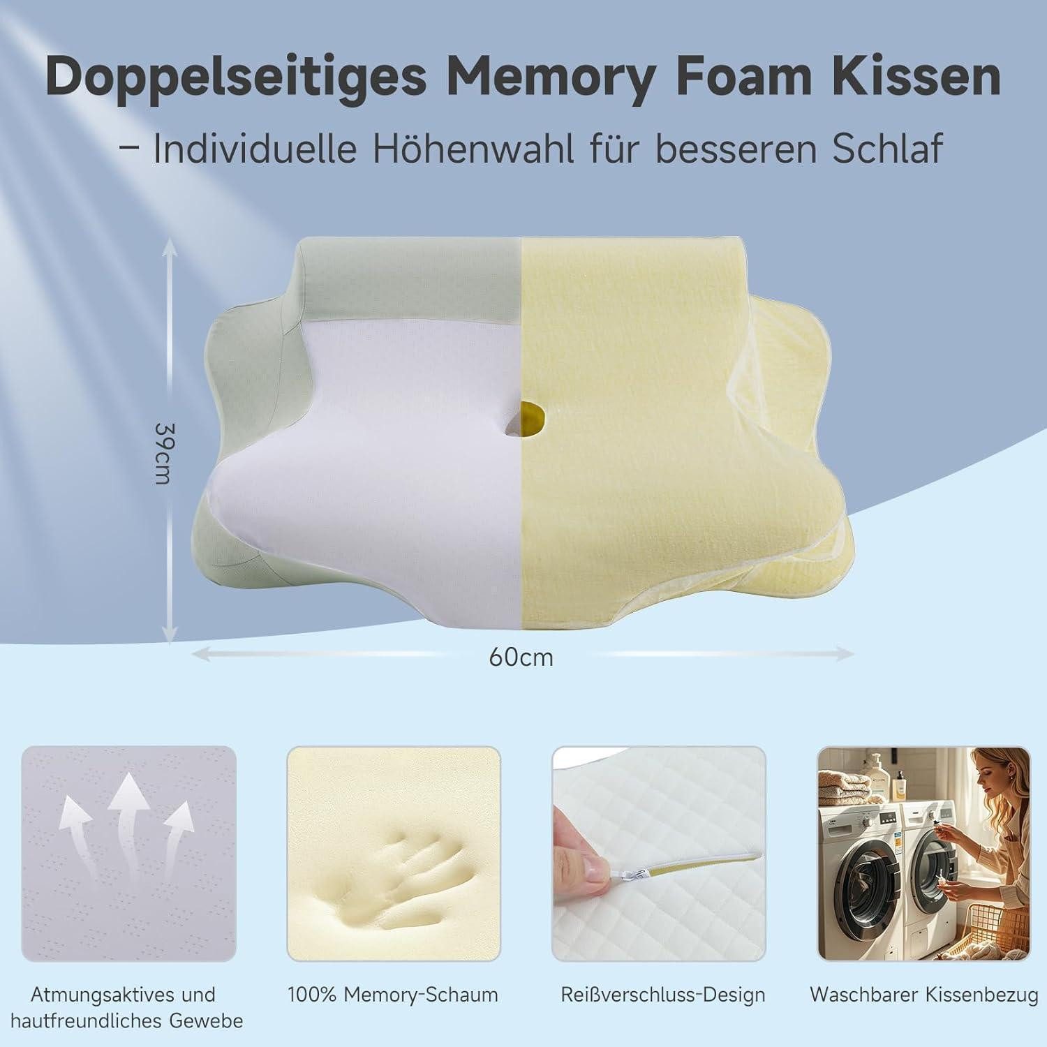 LuxusKollektion Nackenkissen Nackenkissen Memory Foam Seitenschläfer 60 x 39 x 10 12 cm