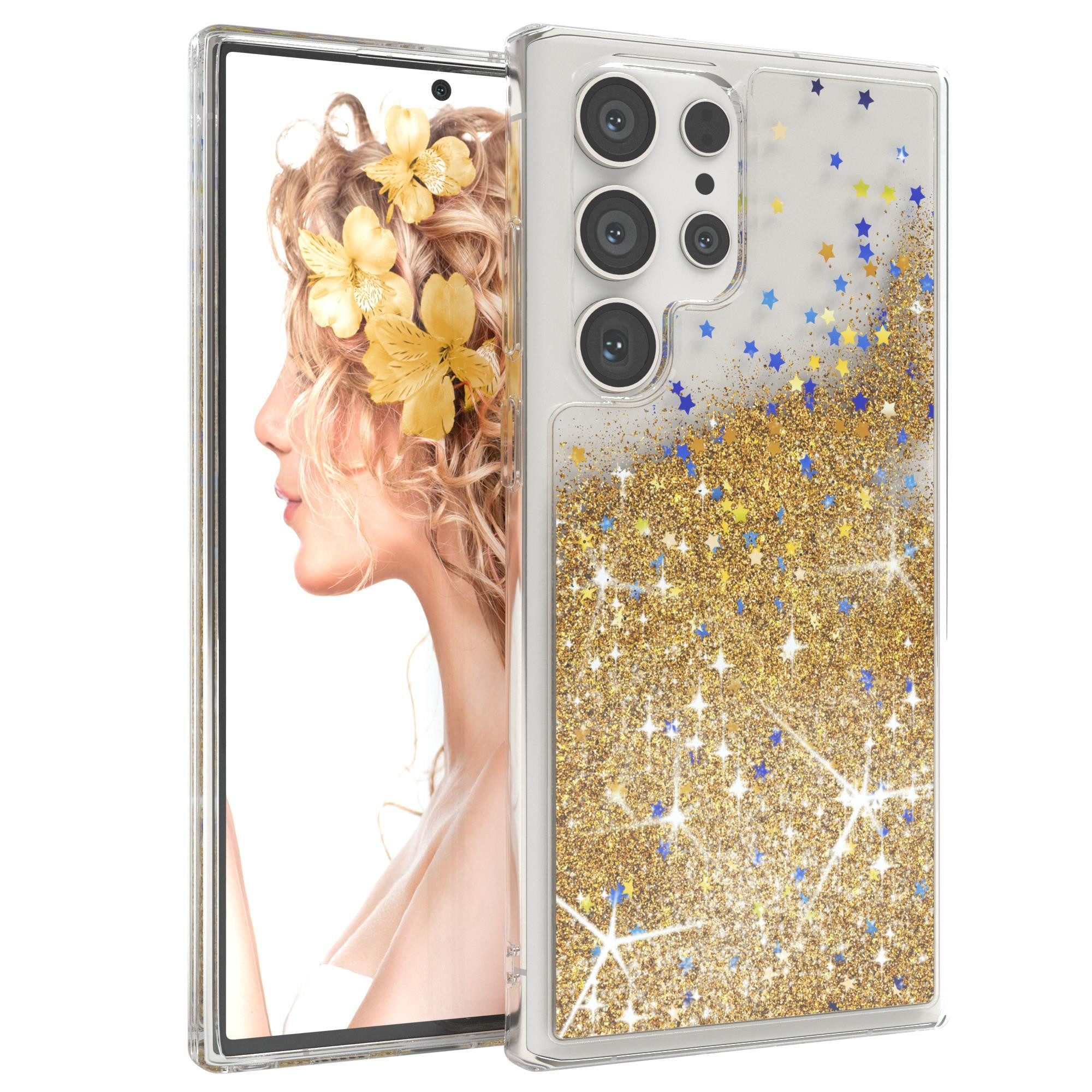 EAZY CASE Handyhülle Liquid Glittery Case für Samsung Galaxy S23 Ultra 6,8 Zoll, Durchsichtig Back Case Handy Softcase Silikonhülle Glitzer Cover Gold