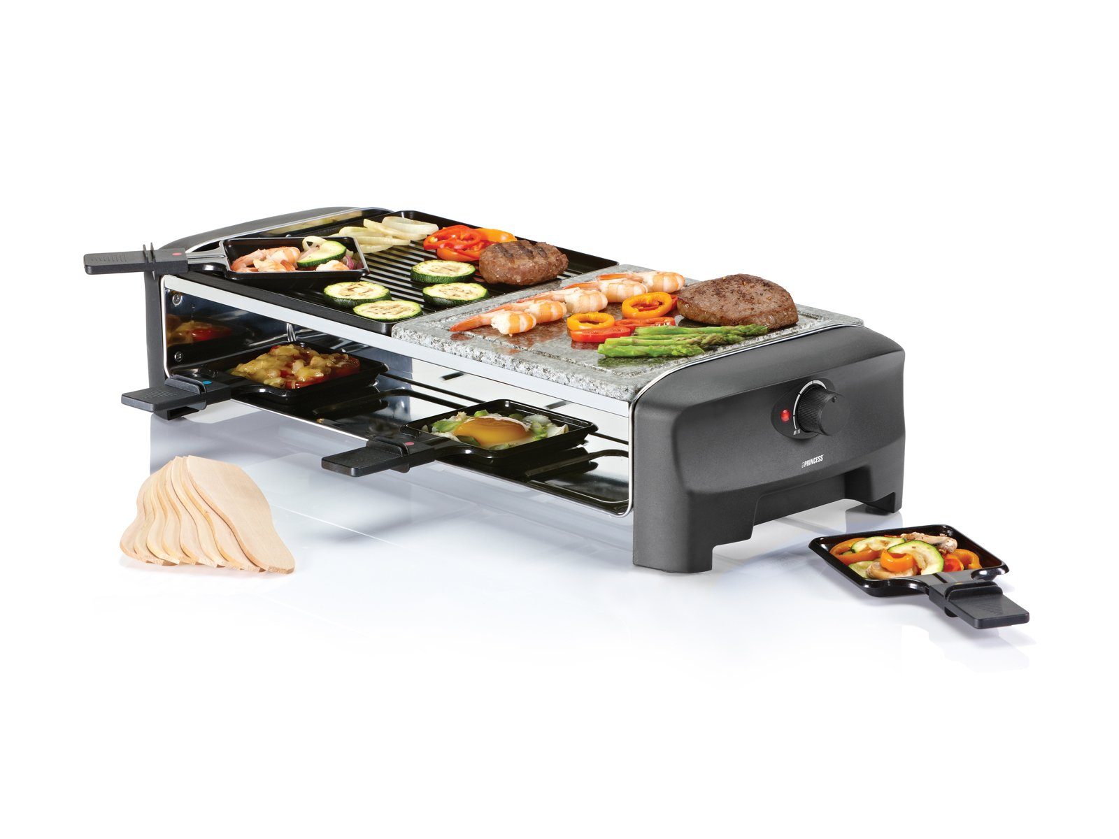 PRINCESS Raclette, 8 Raclettepfännchen, 1400 W, großes Gerät 2-8 Personen Tisch-Grill Stein & wendbare Griddle Platte