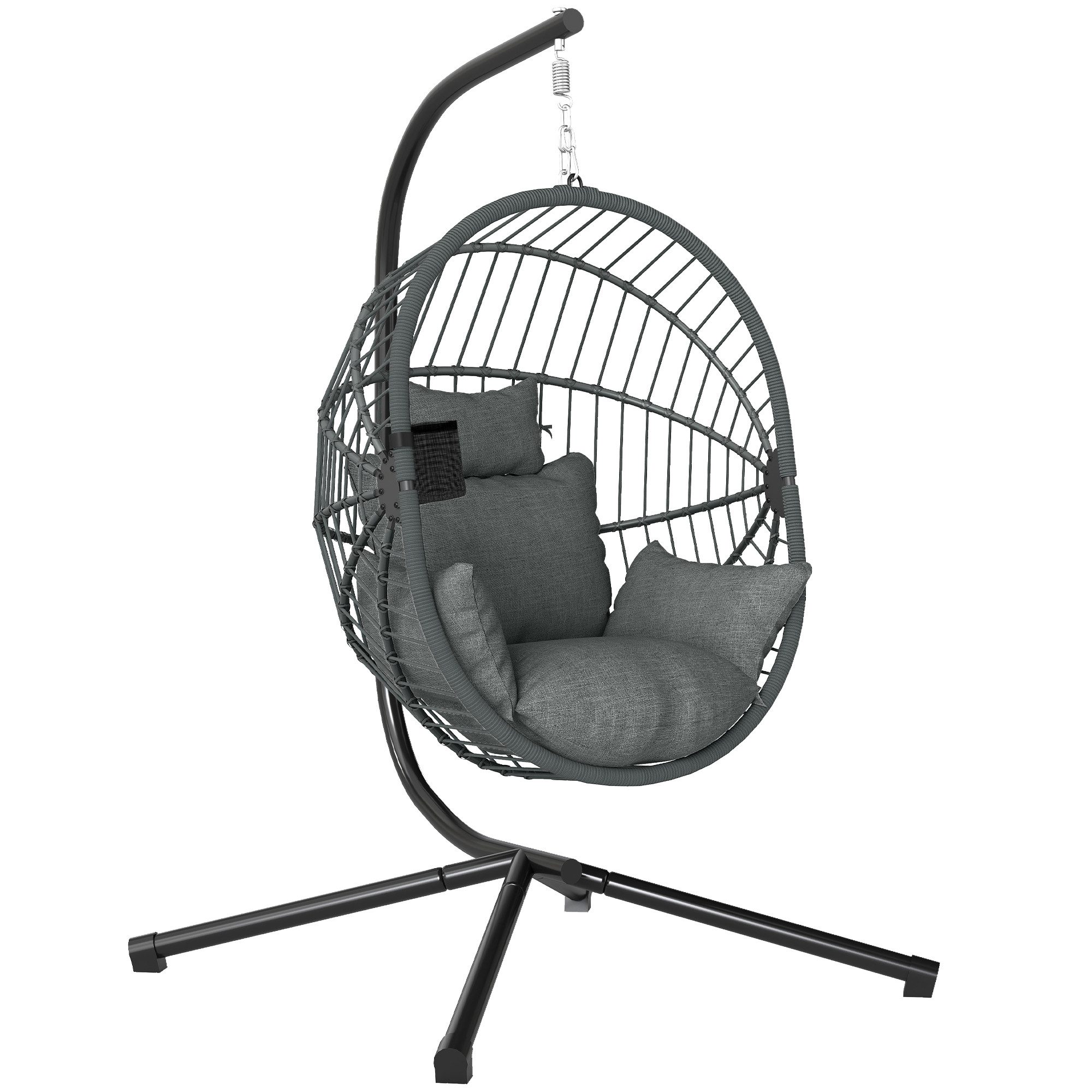 Outsunny Hängesessel Hängeschaukel mit Kissen, Hängestuhl mit Klappbarem (Sitzkorb, 1-St., Becherhalter), Rattanoptik für Indoor, Outdoor, bis 120 kg Belastbar, Stahl, Grau