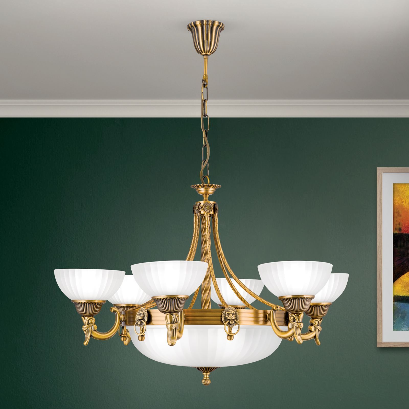 Licht-Erlebnisse Kronleuchter MARTA, ohne Leuchtmittel, Glas Metall H: 94 cm 75 cm breit in Bronze Weiß E27 Jugendstil