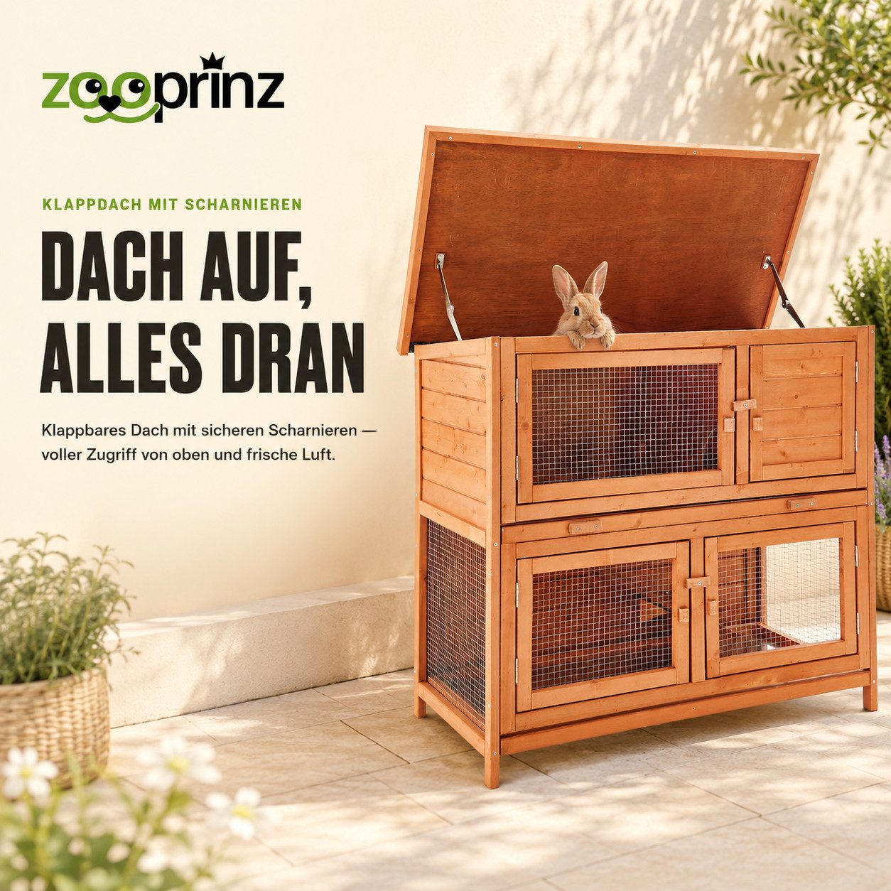 Zooprinz Kleintierstall Mukkel mit Rampe Klappdach auf 2 Etagen, 104x94x55 cm (BxHxT), Lasiertes Massivholz