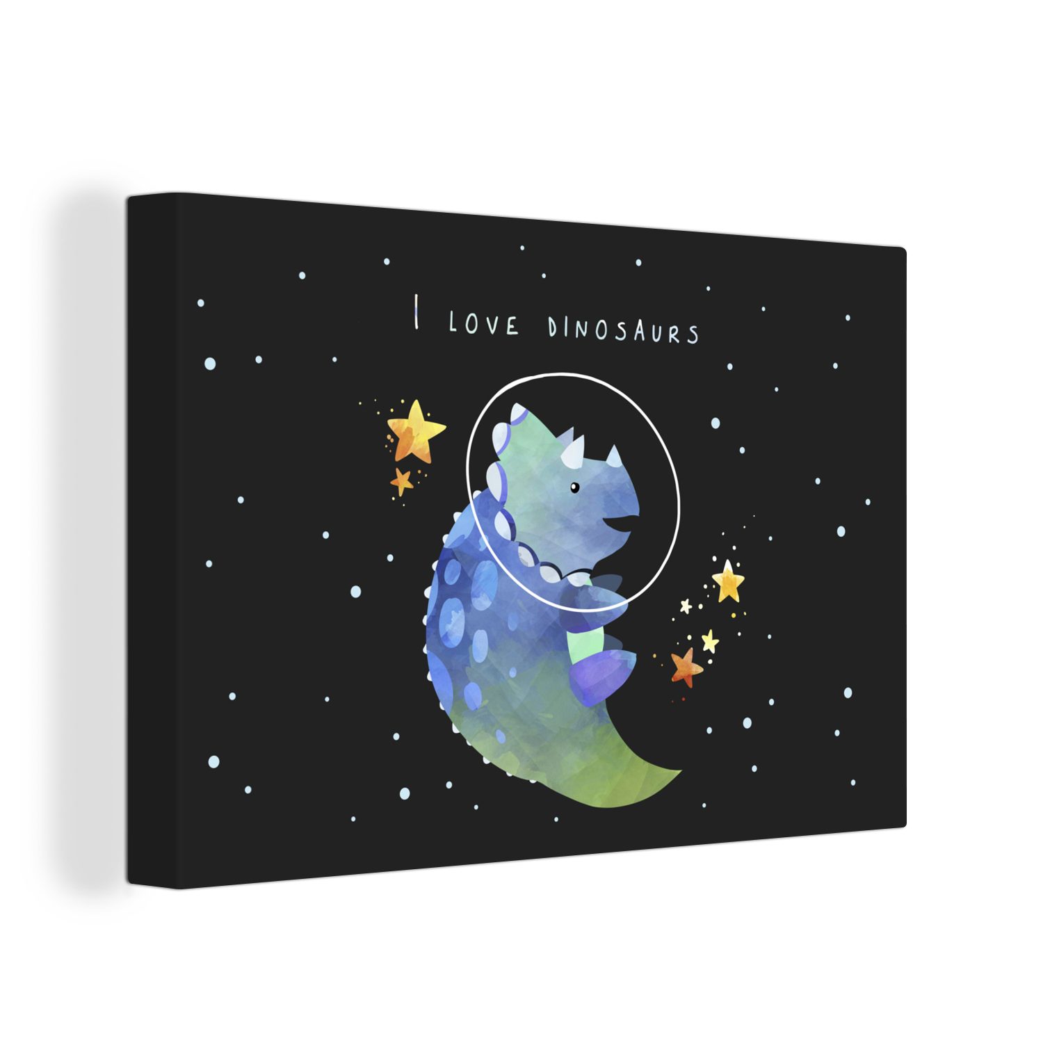 OneMillionCanvasses® Leinwandbild Zitate - Sprichwörter - Raumfahrt - 'Ich liebe Dinosaurier' - Jungen -, (1 St), Wandbild Leinwandbilder, Aufhängefertig, Wanddeko, 30x20 cm