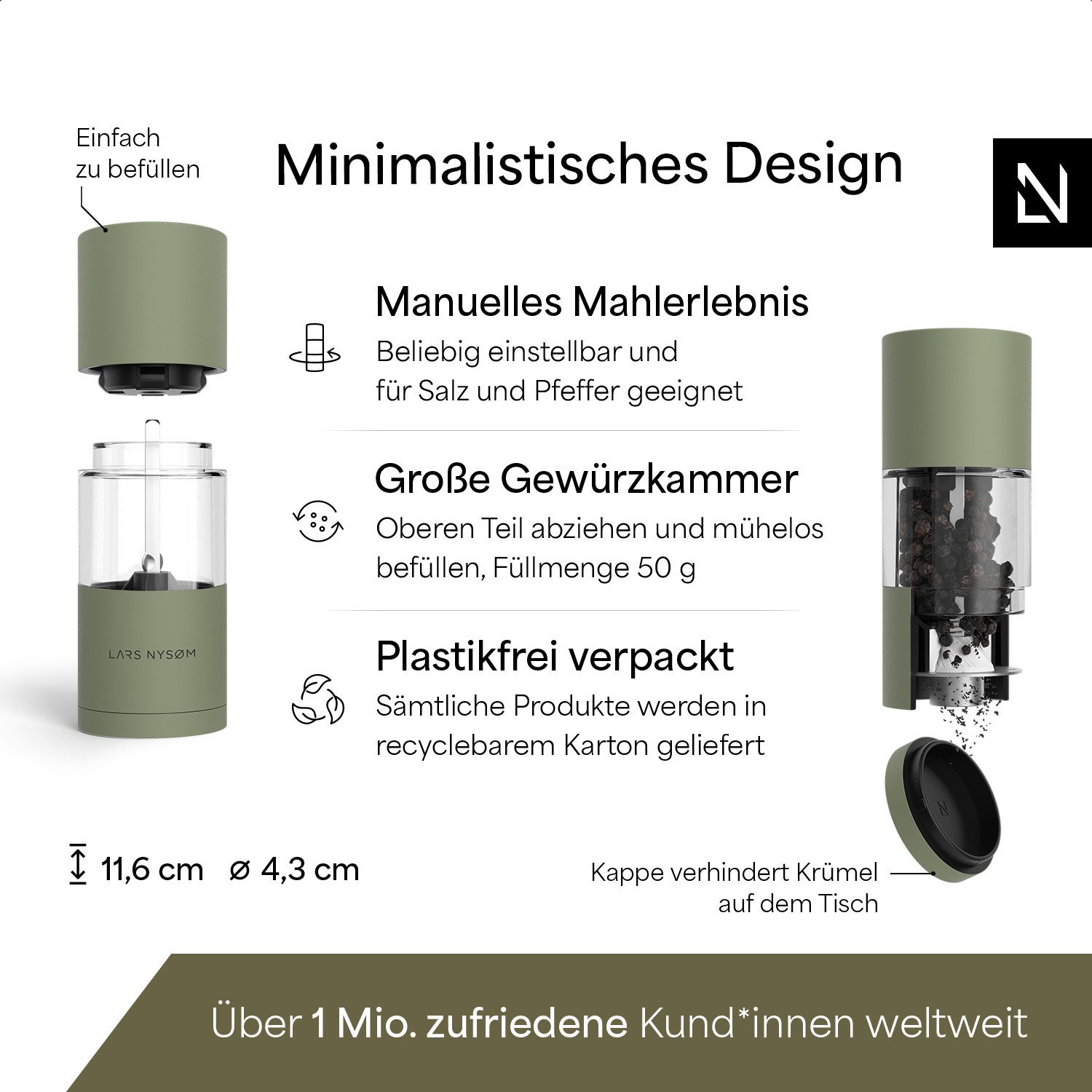 LARS NYSØM Gewürzmühle Sjæl manuelle Bedienung, (2 Stück), Edelstahl Gewürzmühlenset mit Keramikmahlwerk (Stufenlos) – Bild 4 von 5
