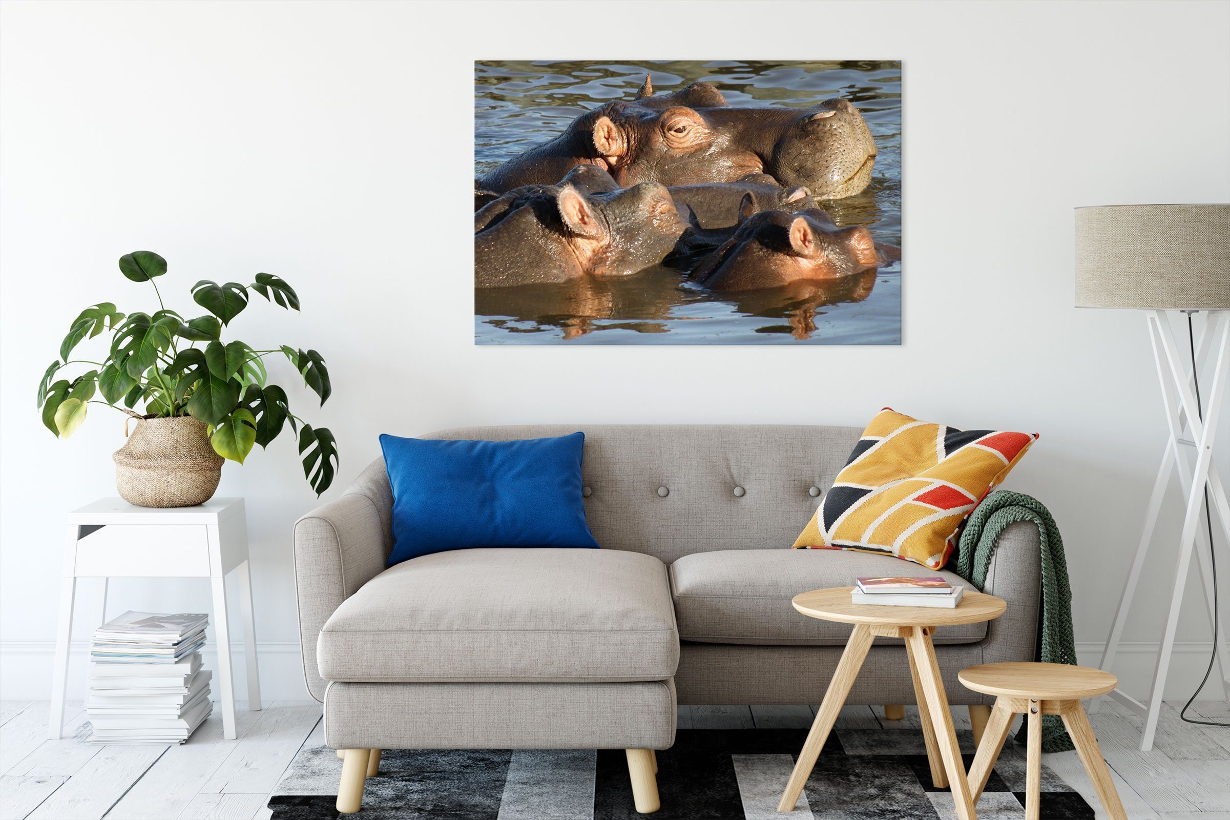 fertig (1 schwimmende Zackenaufhänger Leinwandbild Flusspferdfamilie, bespannt, Flusspferdfamilie Leinwandbild inkl. schwimmende St), Pixxprint