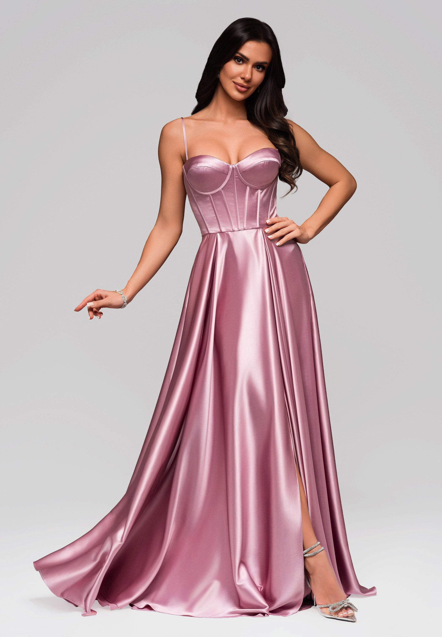 OMBRE Abendkleid Abendkleid im Satin-Look mit Korsett und Taschen