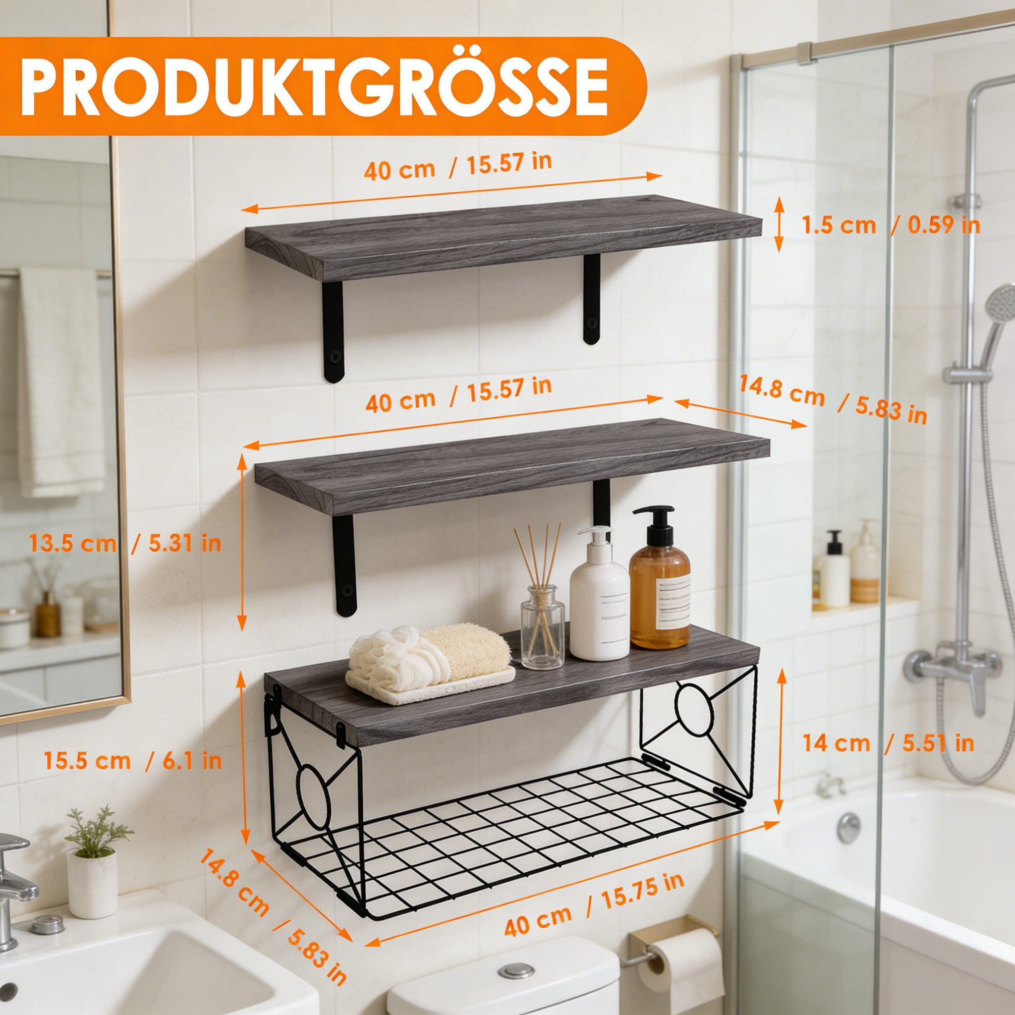 BlingBin Wandregal Schweberegale Badezimmerregale Holzregale wand Regale, 3er-Set 3-tlg., Toilettenpapier Aufbewahrung, Deko Regal, mit Drahtaufbewahrungskorb