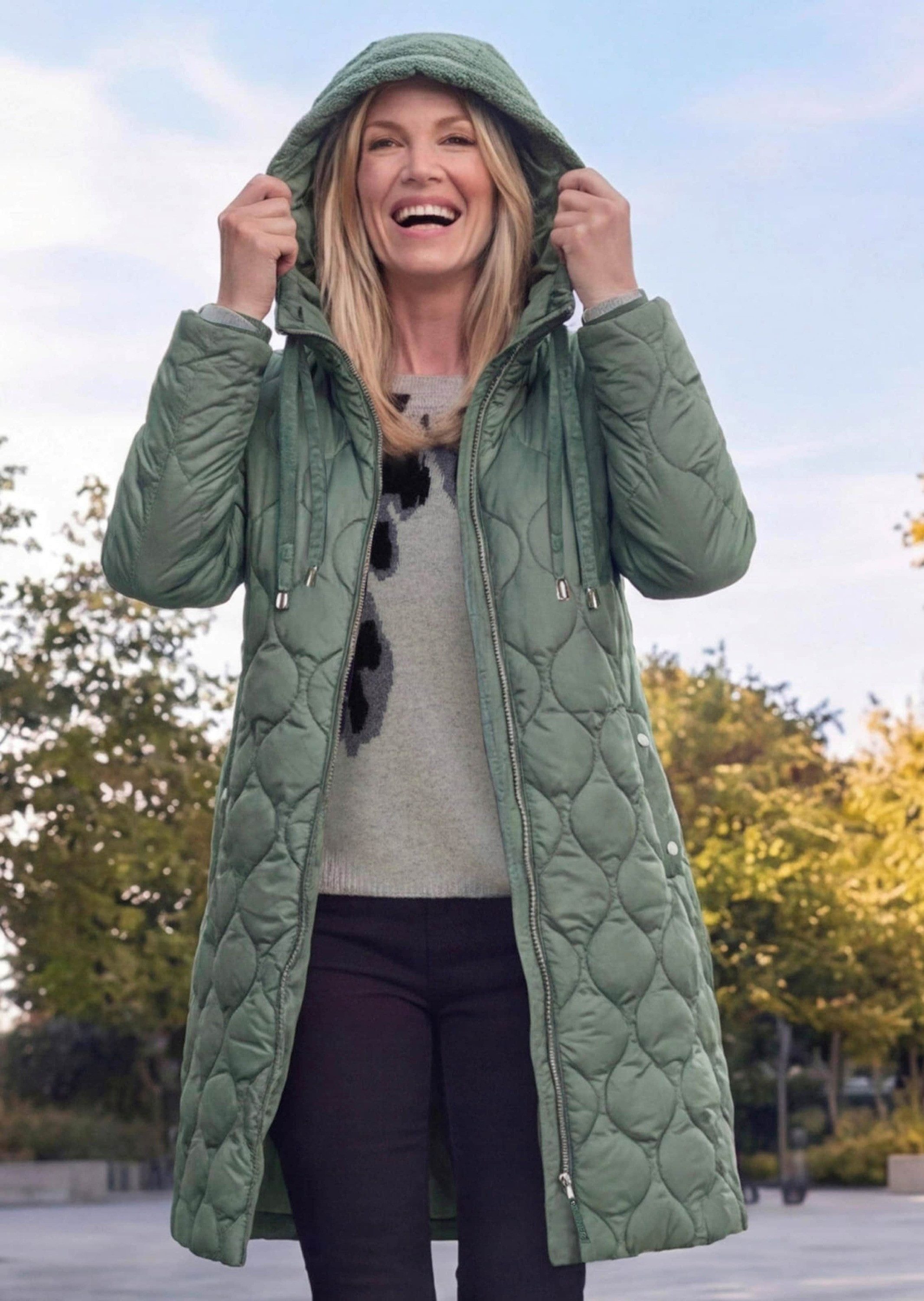 GOLDNER Jerseyblazer Wintermantel mit Stehkragen und Kapuze Wärmende Alltagsjacke mit 2-Wege-Zipper, Langarm mit Jerseybündchen