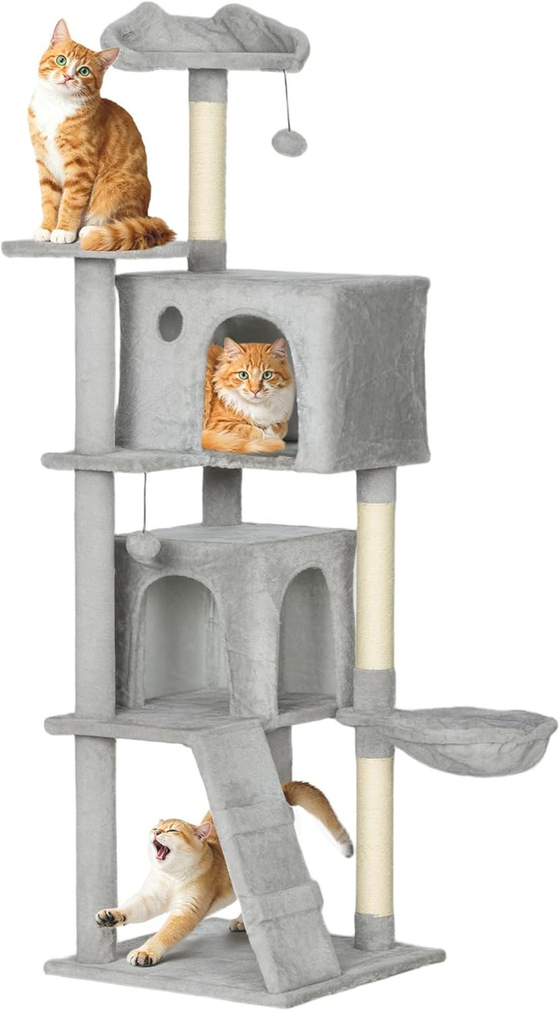 ibettertec Katzen-Kletterwand Kratzbaum 160cm Hellgrau mit Höhlen & Sisal, für 1-3 Katzen, mit 2 Höhlen Korb Hängematte 2 Bällen atzenbett mit Katzenmuster