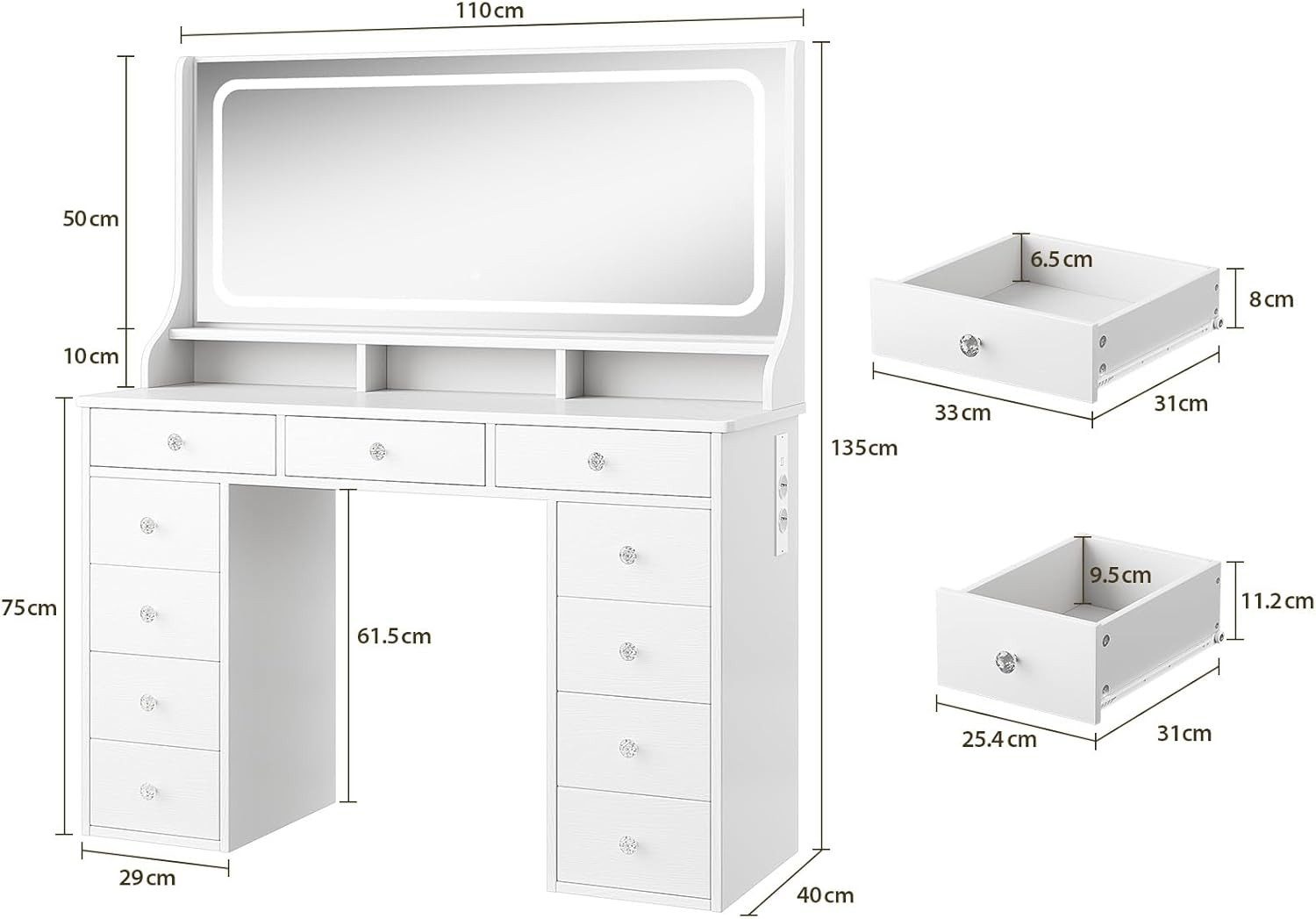 Dripex Schminktisch Schminktisch mit Spiegel, LED und Schubladen, weiß/brau günstig online kaufen