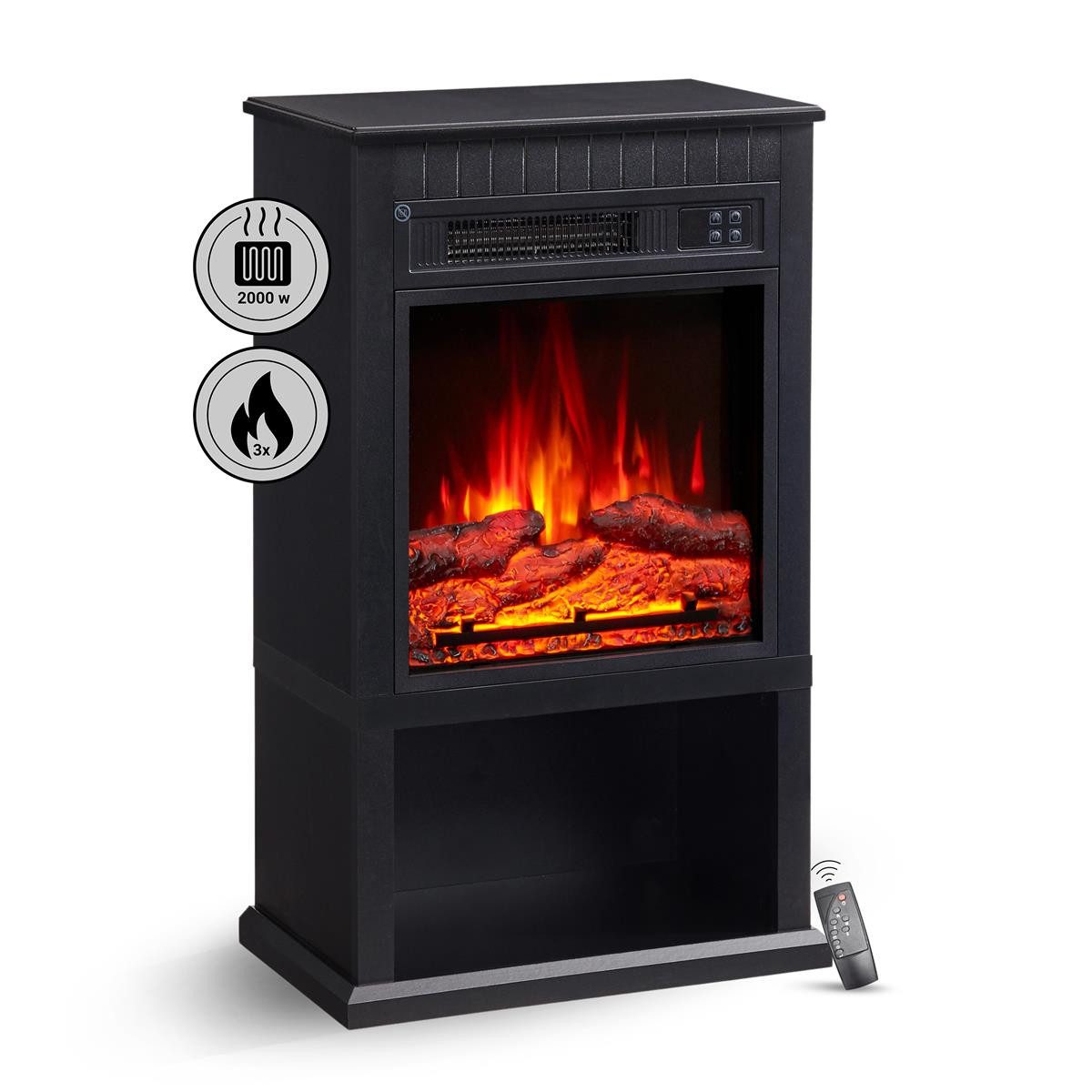Balderia Elektrokamin Ember Standkamin mit Heizung 2000 W, schwarz, Standkamin mit Heizung 2 kW, 7-Tage-Timer, 3 Flammeneffekte, Schwarz