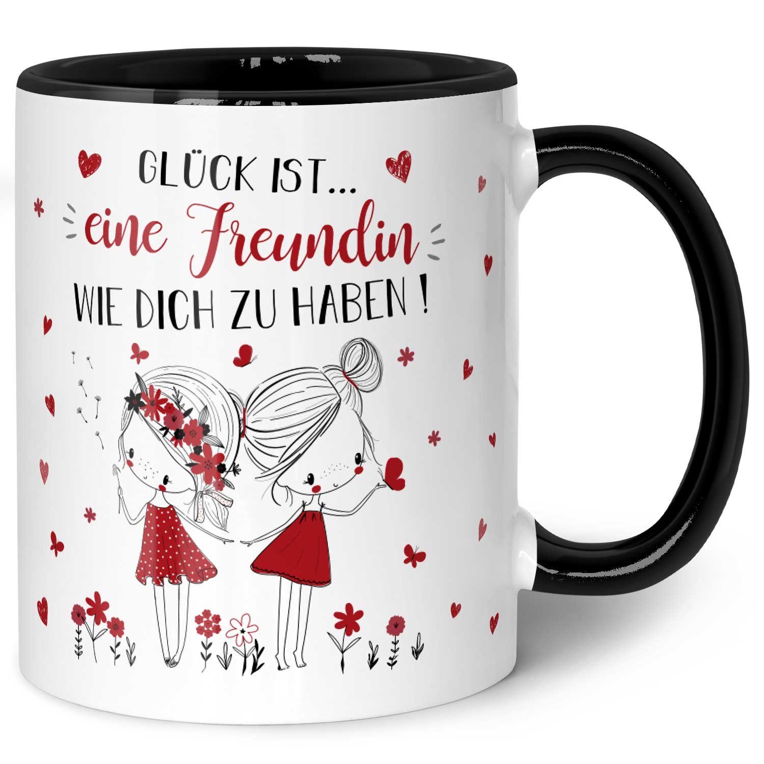 GRAVURZEILE Tasse mit Spruch Glück ist eine Freundin, - Persönliches Geschenk für Freundinnen - Schwarz & Weiß