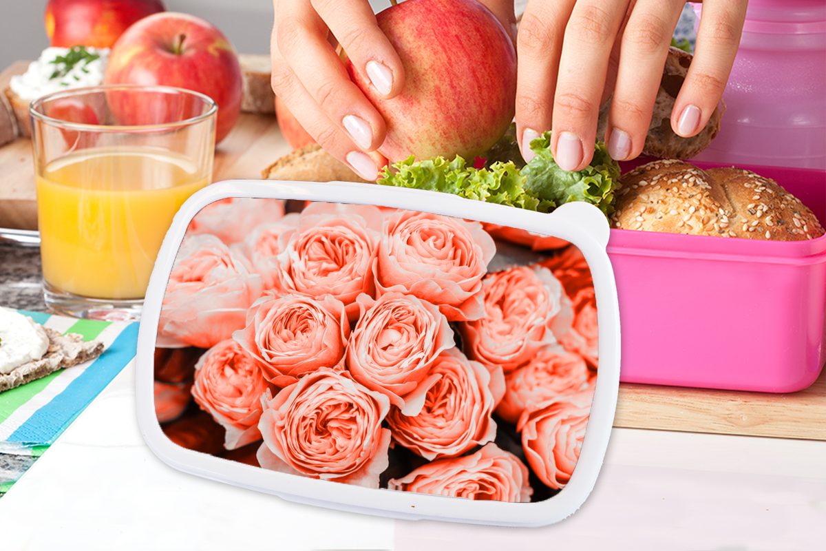 Erwachsene, Blumenstrauß Snackbox, (2-tlg), - Lunchbox Kinder, Rosa, - Mädchen, Kunststoff MuchoWow Brotdose Kunststoff, für Brotbox Rosen