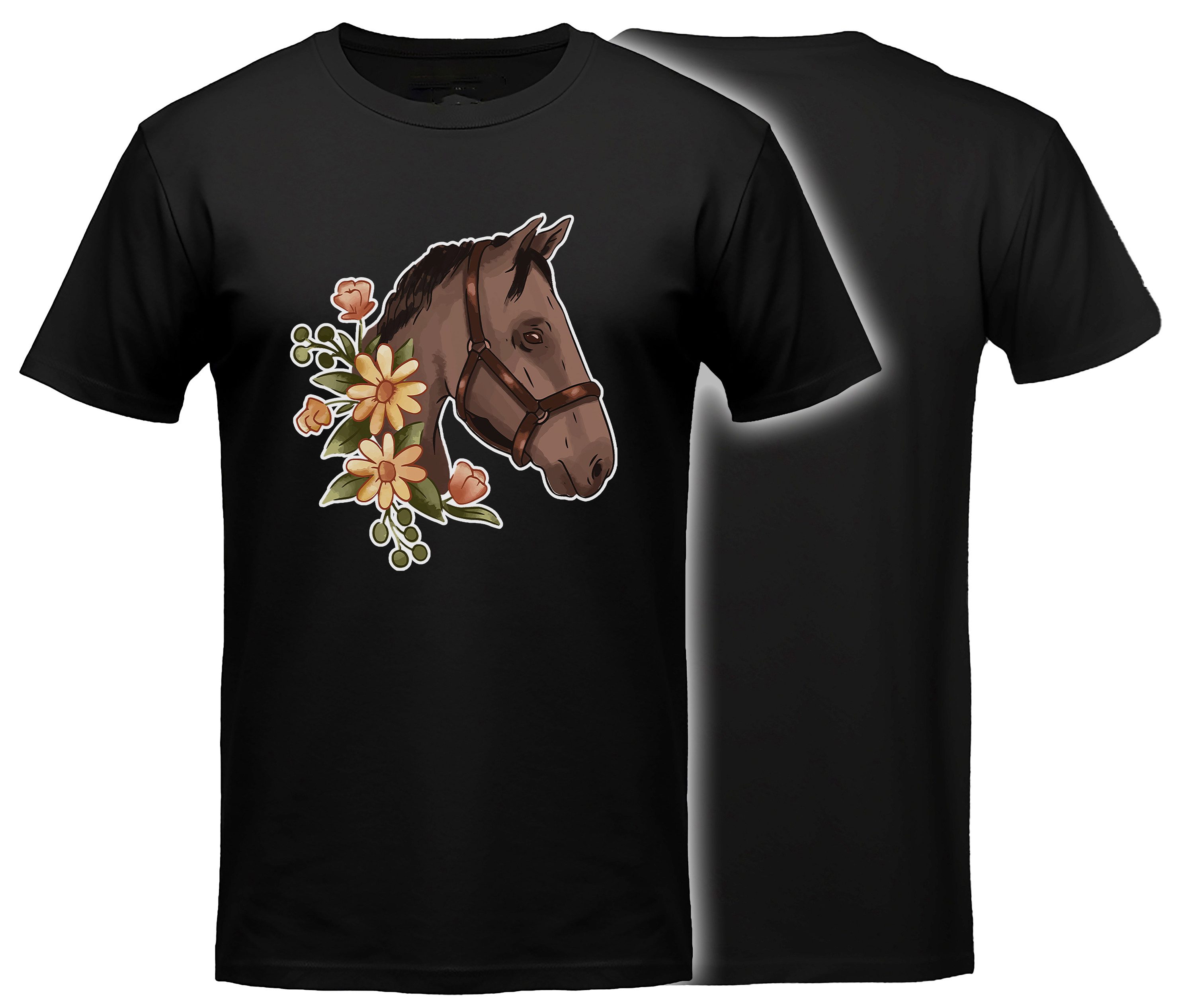 MyDesign24 T-Shirt Pferde print Shirt Pferdekopf mit Kranz Pferde T-Shirt schwarz kurzarm Regular Fit i180