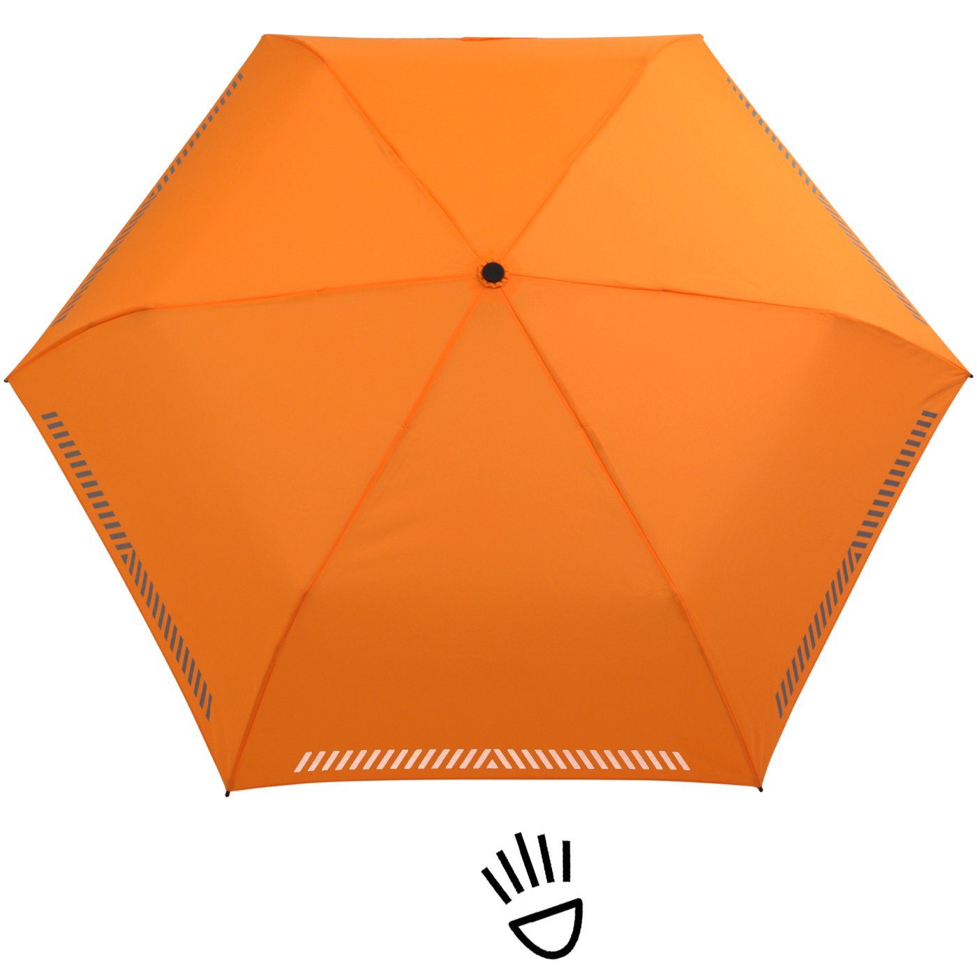 Taschenregenschirm orange Sicherheit iX-brella - Kinderschirm durch reflektierend, Reflex-Streifen mit neon Auf-Zu-Automatik,