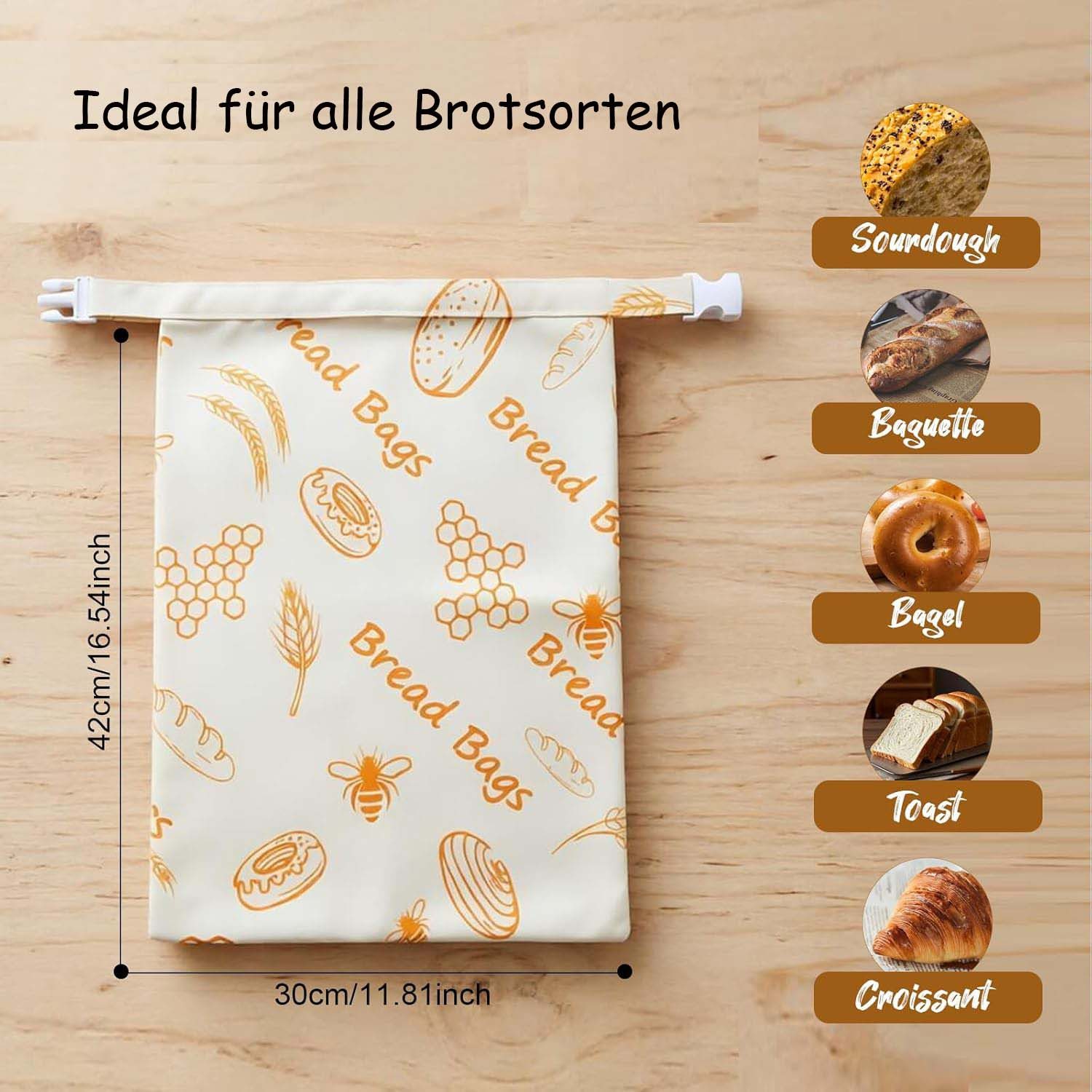 Zyronn Brottasche Bienenwachs Brotbeutel, Wiederverwendbare Brotbeutel Leinen 43×33 cm – Bild 3 von 5
