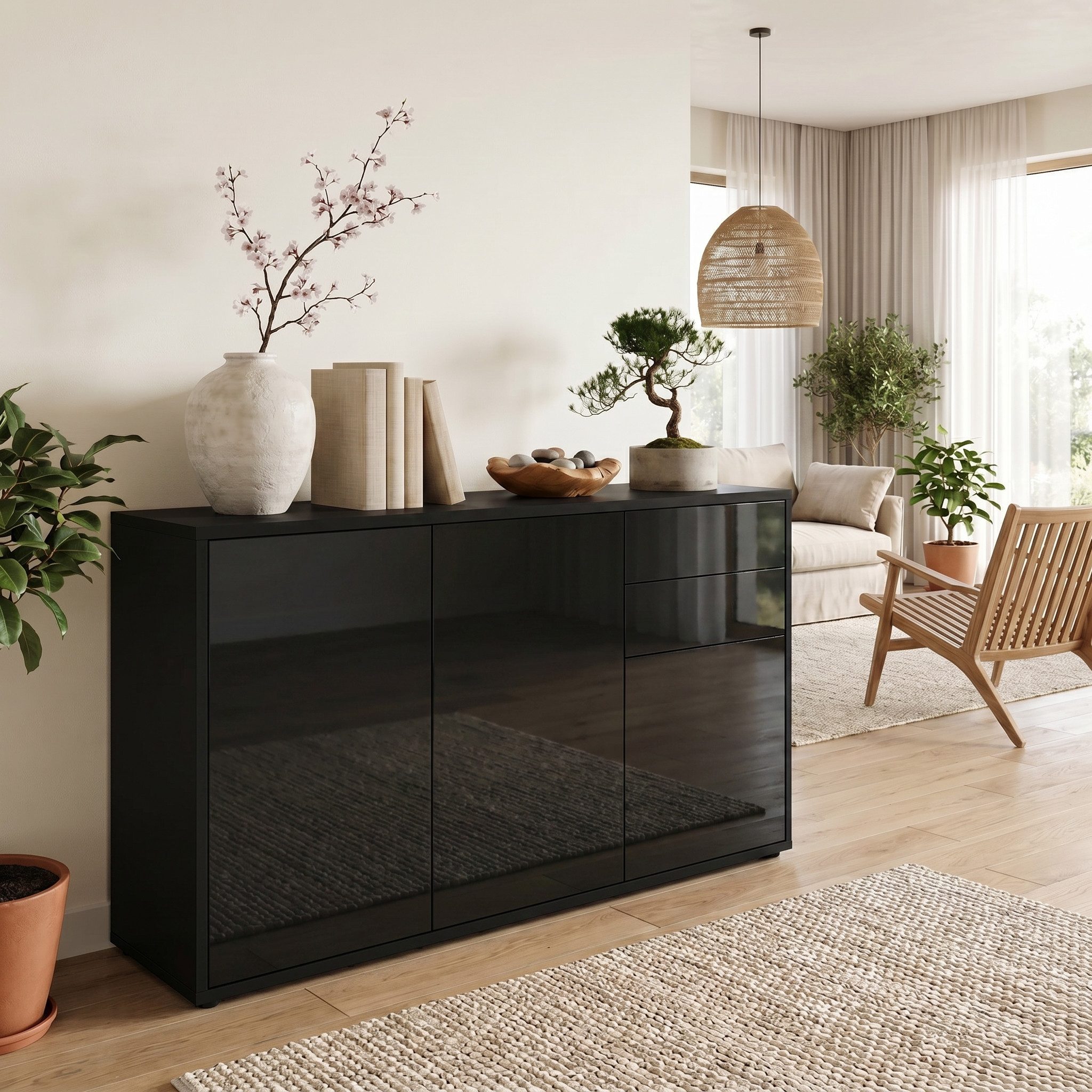 Vladon Kommode Ben V3 (Kommode, mit 3 Türen und 2 Schubladen), Schwarz matt/Schwarz Hochglanz (117 x 74 x 36 cm)
