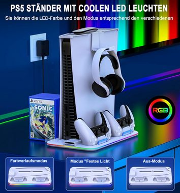 Zeitlosigkeit PS5/PS5 slim Stander mit 3-Stufig Lufter/Ladestation/RGB Licht PlayStation 5-Controller (Playstation 5 Standfuß für PS5 Slim Disc & Digital Konsole)