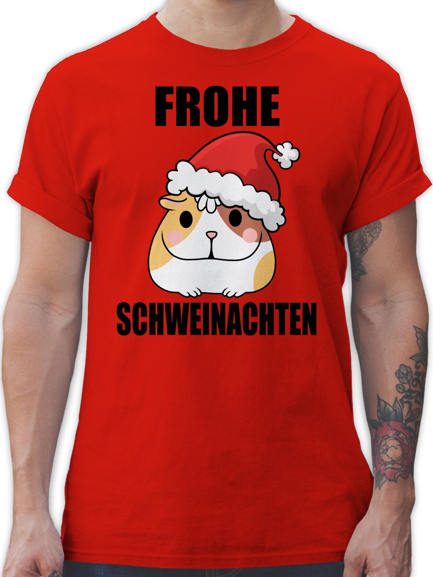 Shirtracer T-Shirt Frohe Schweinachten mit Meerschweinchen Weihachten Kleidung 1 Rot