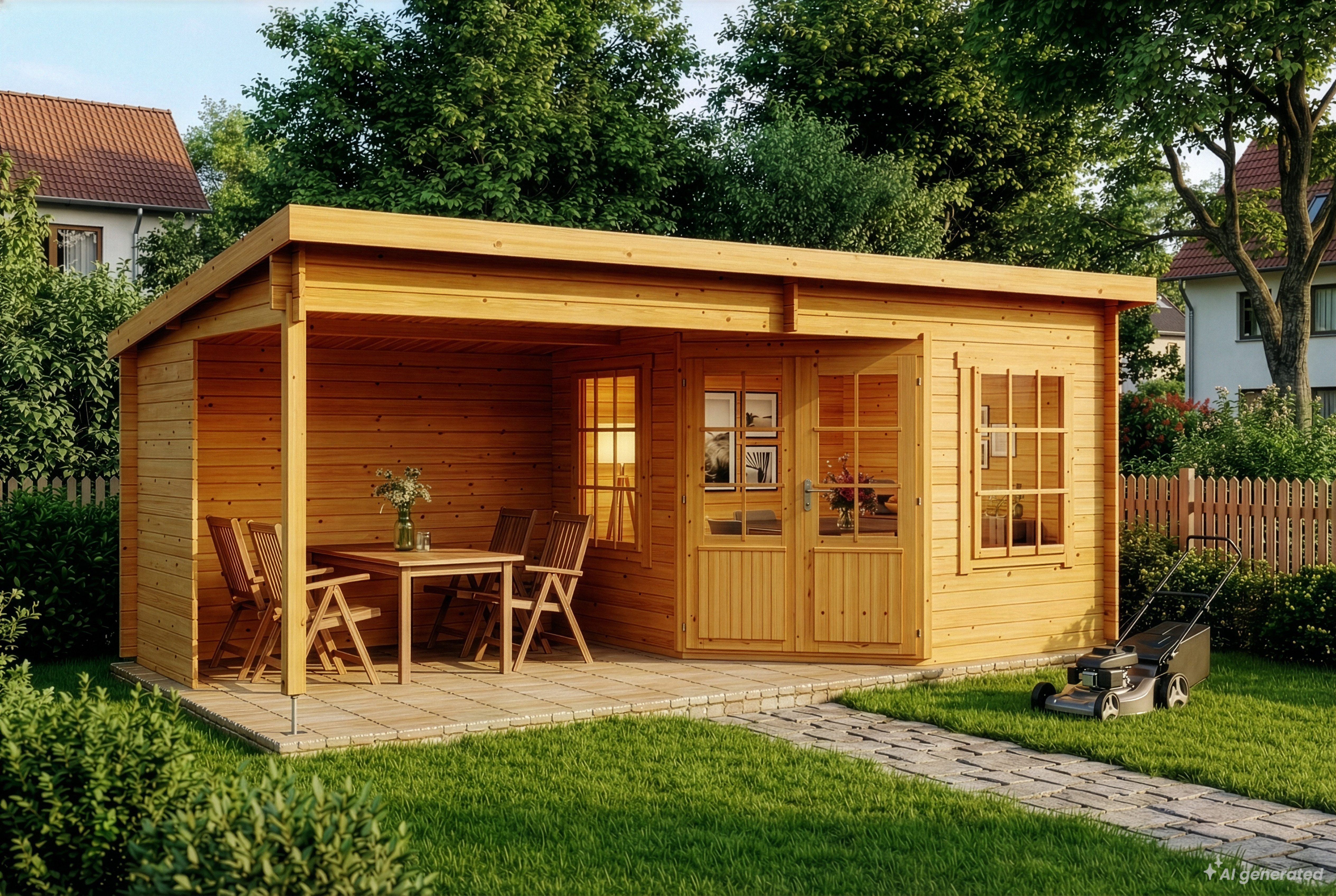 Alpholz Gartenhaus Holz Carl Imprägniert 28mm Wandstärke, BxT: 598x330 cm, in Imprägniert (Pinie) mit 28mm Wandstärke