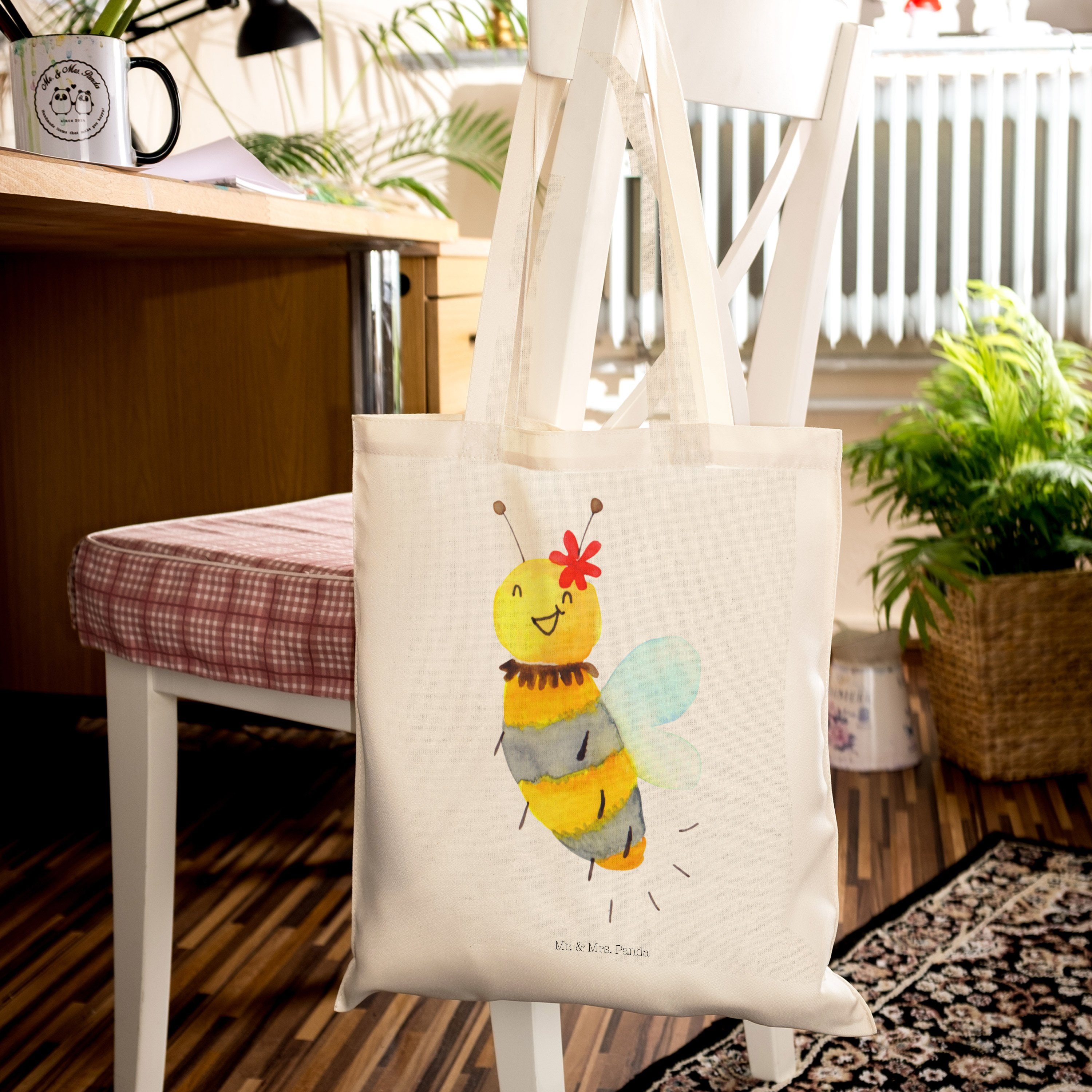Einkaufstasche, & Mr. W Panda Tragetasche (1-tlg) - Blume Transparent - Biene Beuteltasche, Geschenk, Mrs.