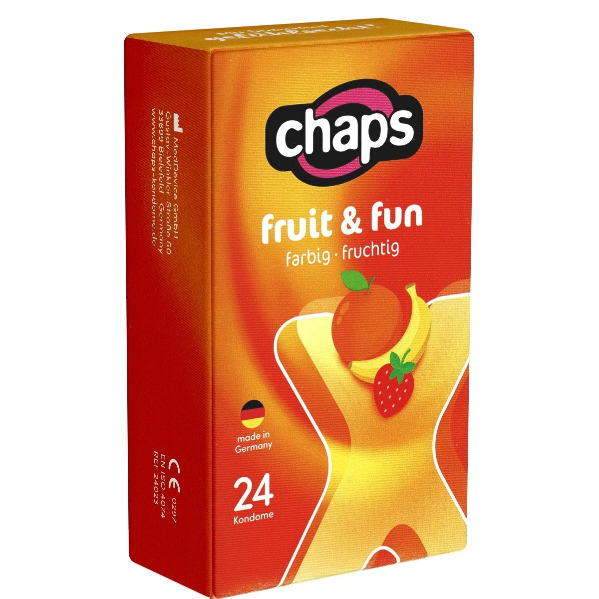 Chaps Kondome Fruit & Fun (Erdbeer, Tutti-Frutti, Banane & Orange) Packung mit, 24 St., Kondome mit Geschmack, 4 Sorten im Mix, farbige und fruchtige Kondome