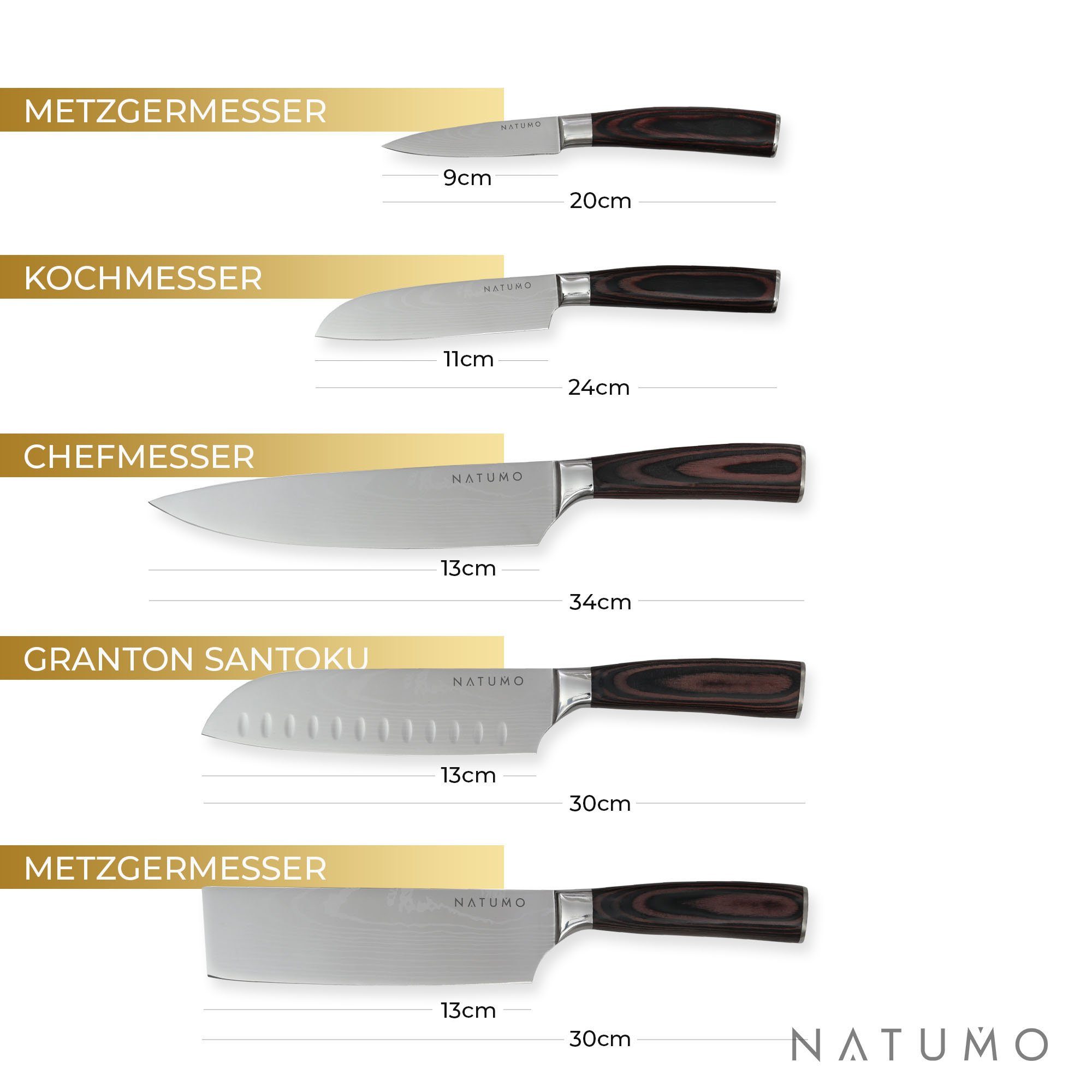 natumo Damastmesser Damast-Optik Küchenmesserset Pakkaholz 5tlg., Edelstahl, Profi Kochmesser