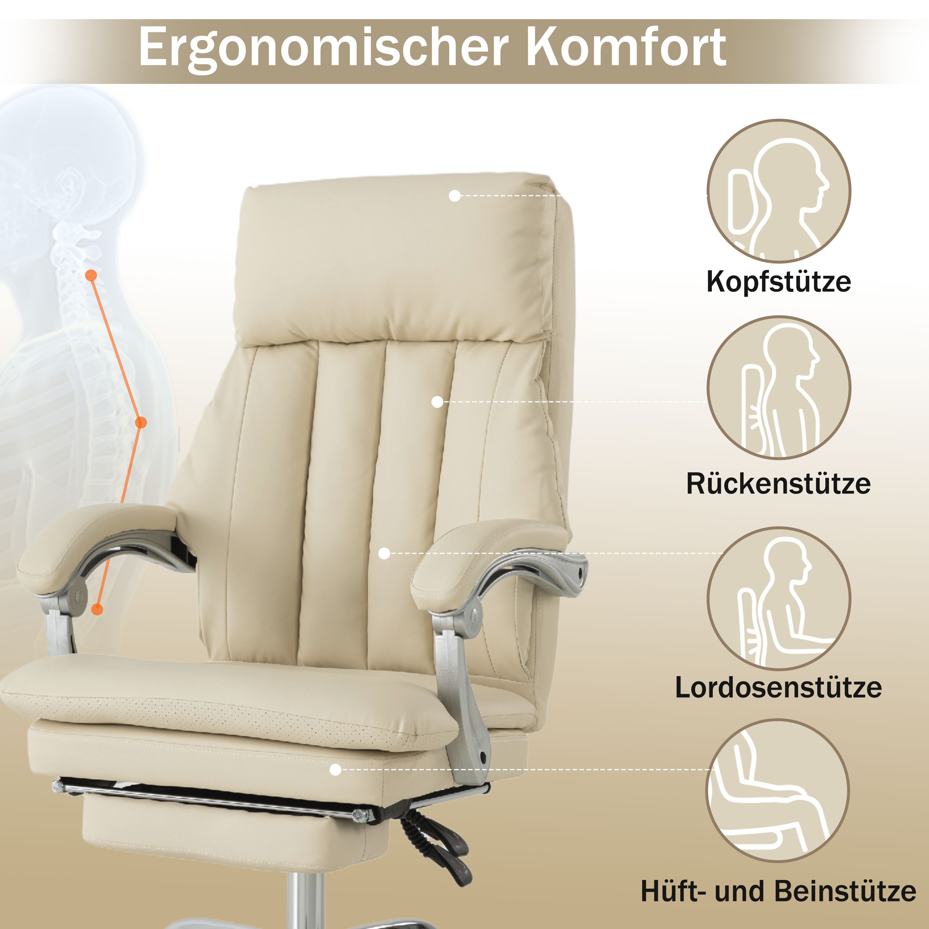 UEV Bürostuhl Ergonomisch mit Fußstütze Homeoffice Stuhl Drehstuhl Schreibtischstuhl (Packung), neigbar bis 150° höhenverstellbar atmungsaktiver Stoff