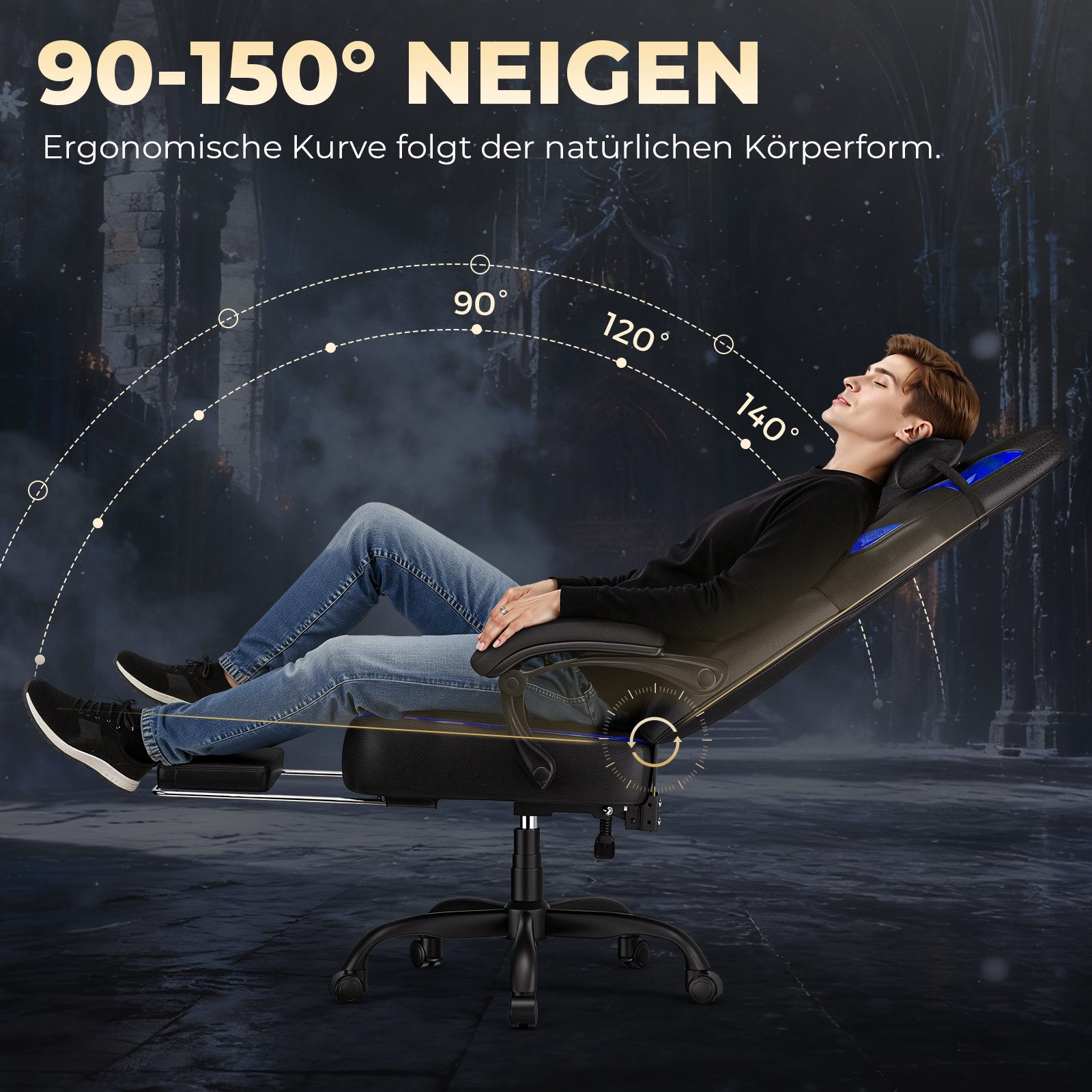GTPLAYER Gaming-Stuhl Gamer Sessel Gamer Stuhl mit Fußstütze Lendenkissen Kopfstütze, Verstellbaren Armlehnen mit Fußstütze Gamingstuhl 150 Kg Drehbarer – Bild 3 von 5