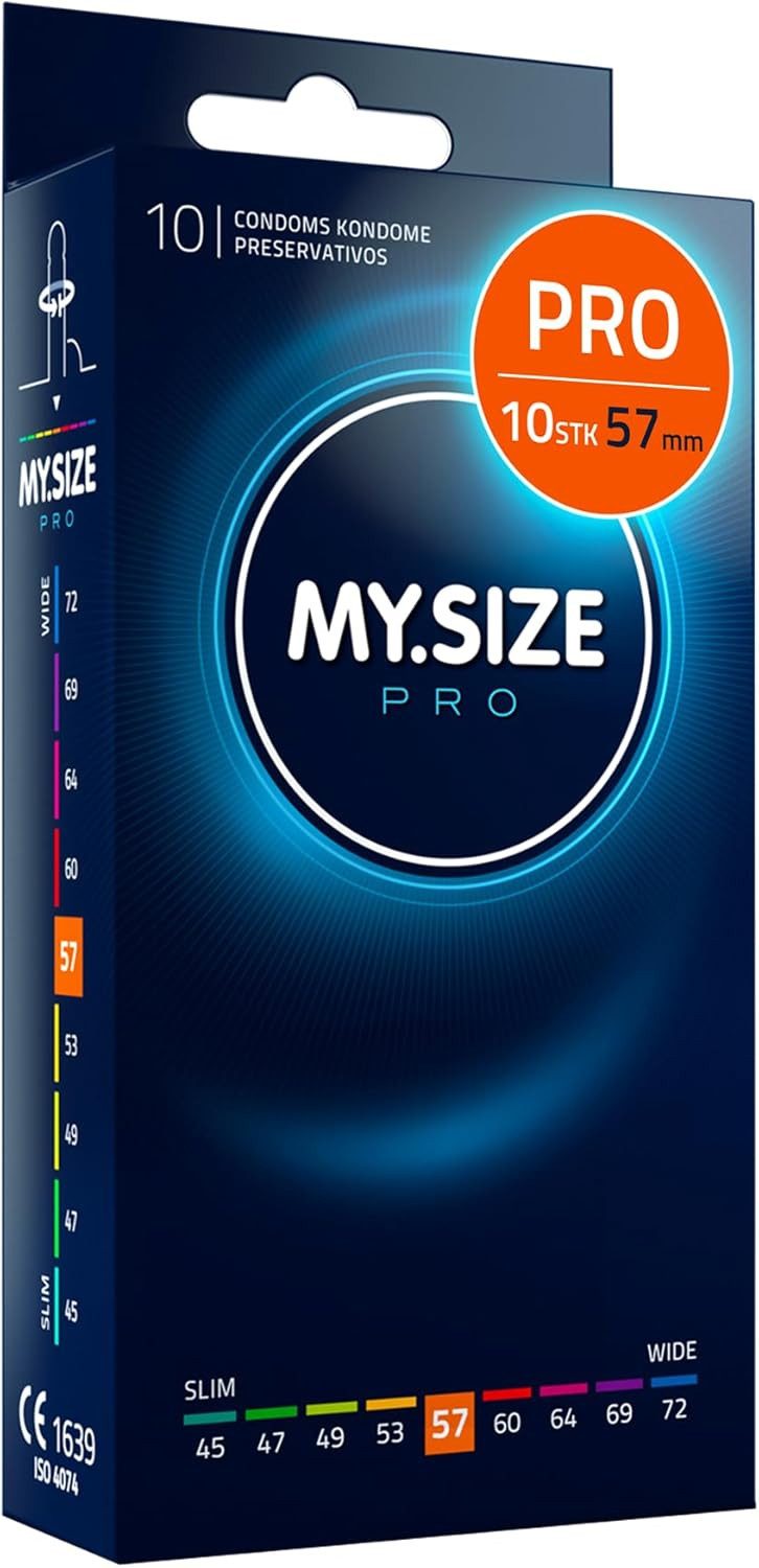 MY.SIZE Kondome PRO ELITE Kondome, 9 Größen, 45-72 mm, Schlank-XXXXL, Extra reines Vytex-Latex, leicht zu öffnen, hauchdünn 0,05mm