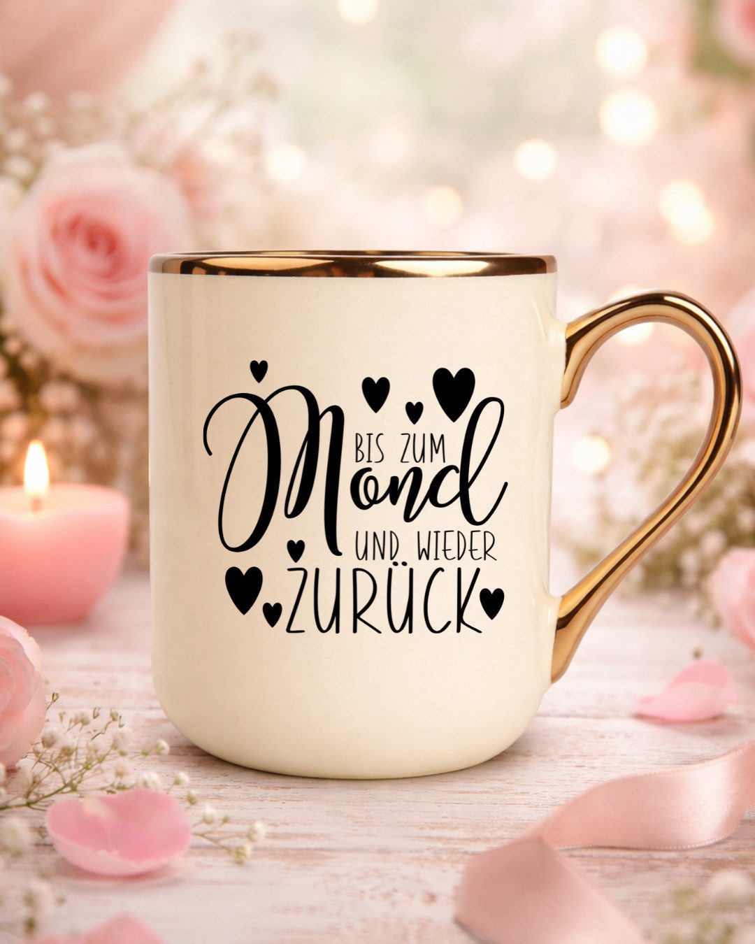 Primawela Tasse Tasse Bis zum Mond Kaffeetasse Goldrand Spruch Coffee Gold Liebe