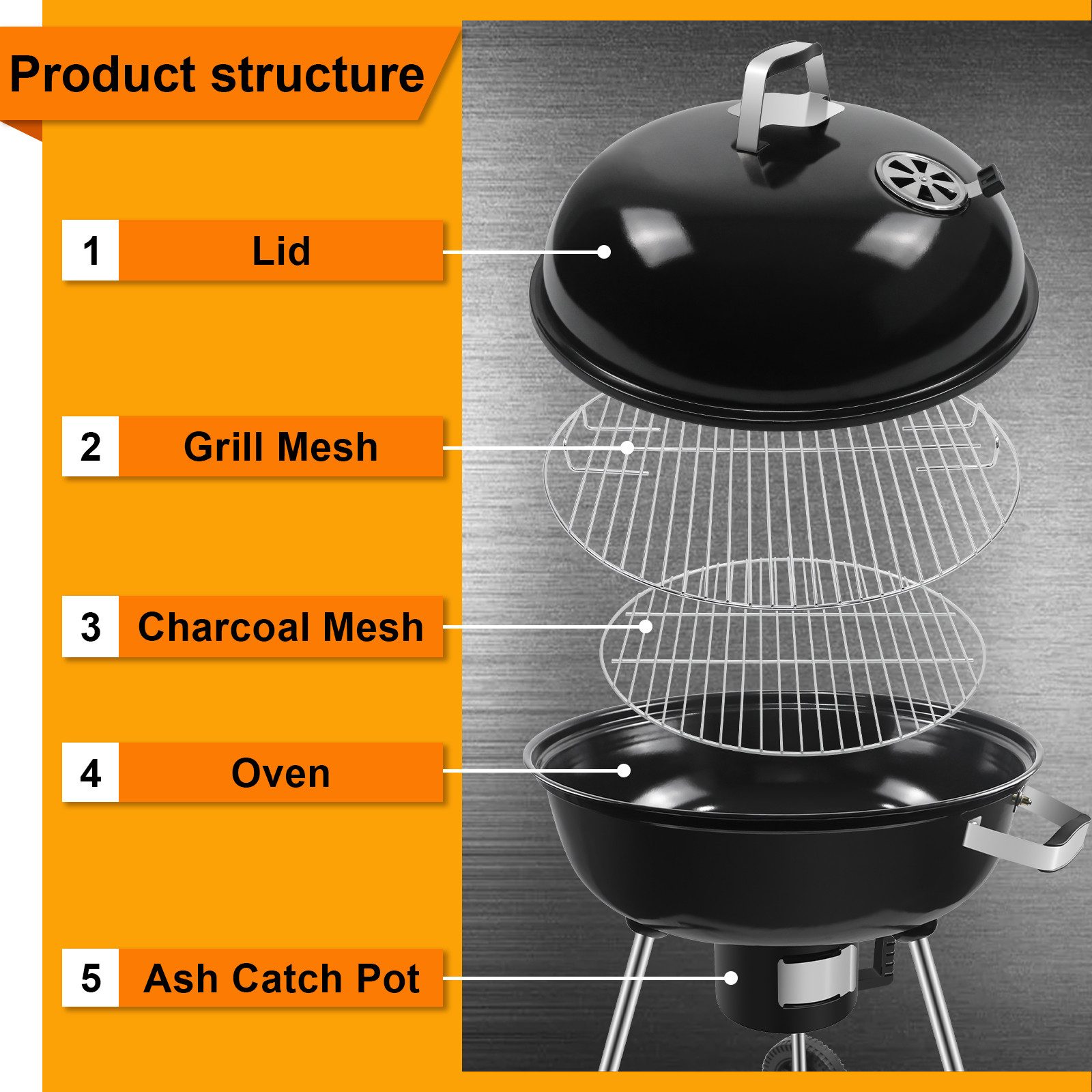 SunJas Holzkohlegrill Emaille Kugelgrill Holzkohlegrill mit Deckel und Rädern, Ø54cm BBQ Standgrill, Gartengrill mit Auffangschale für 6-9 Personen, Grillwagen  – Bild 4 von 5