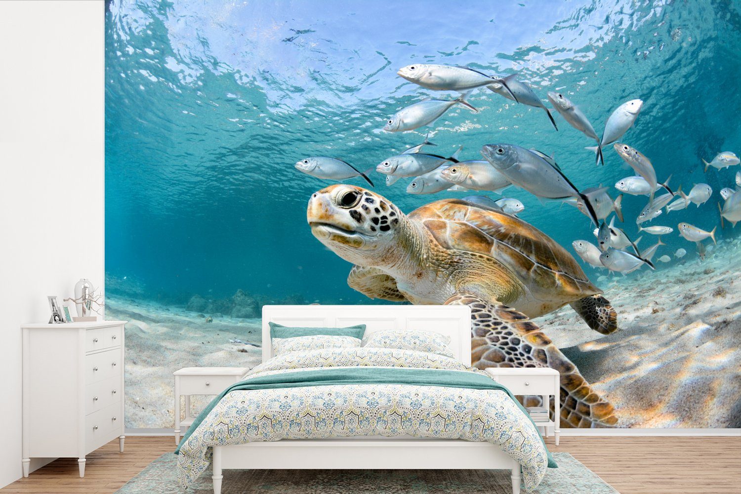 MuchoWow Fototapete Schildkröte - Fisch - Meer, Matt, bedruckt, (6 St), Wallpaper für Wohnzimmer, Schlafzimmer, Kinderzimmer, Vinyl Tapete