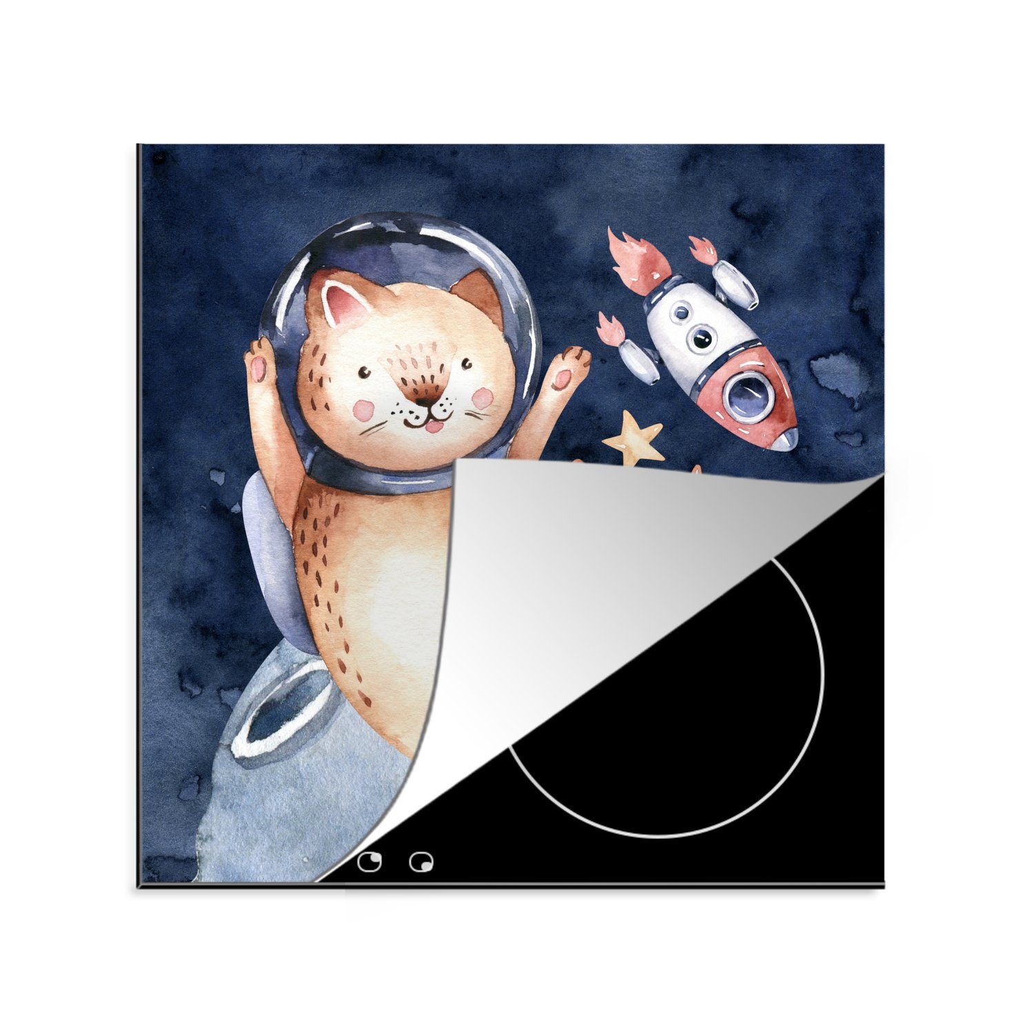 Weltraum - küche tlg), - Vinyl, für - Herdblende-/Abdeckplatte - Katze Rakete Jungen - Arbeitsplatte cm, Ceranfeldabdeckung, Kind (1 MuchoWow 78x78 Mädchen Kinder, -