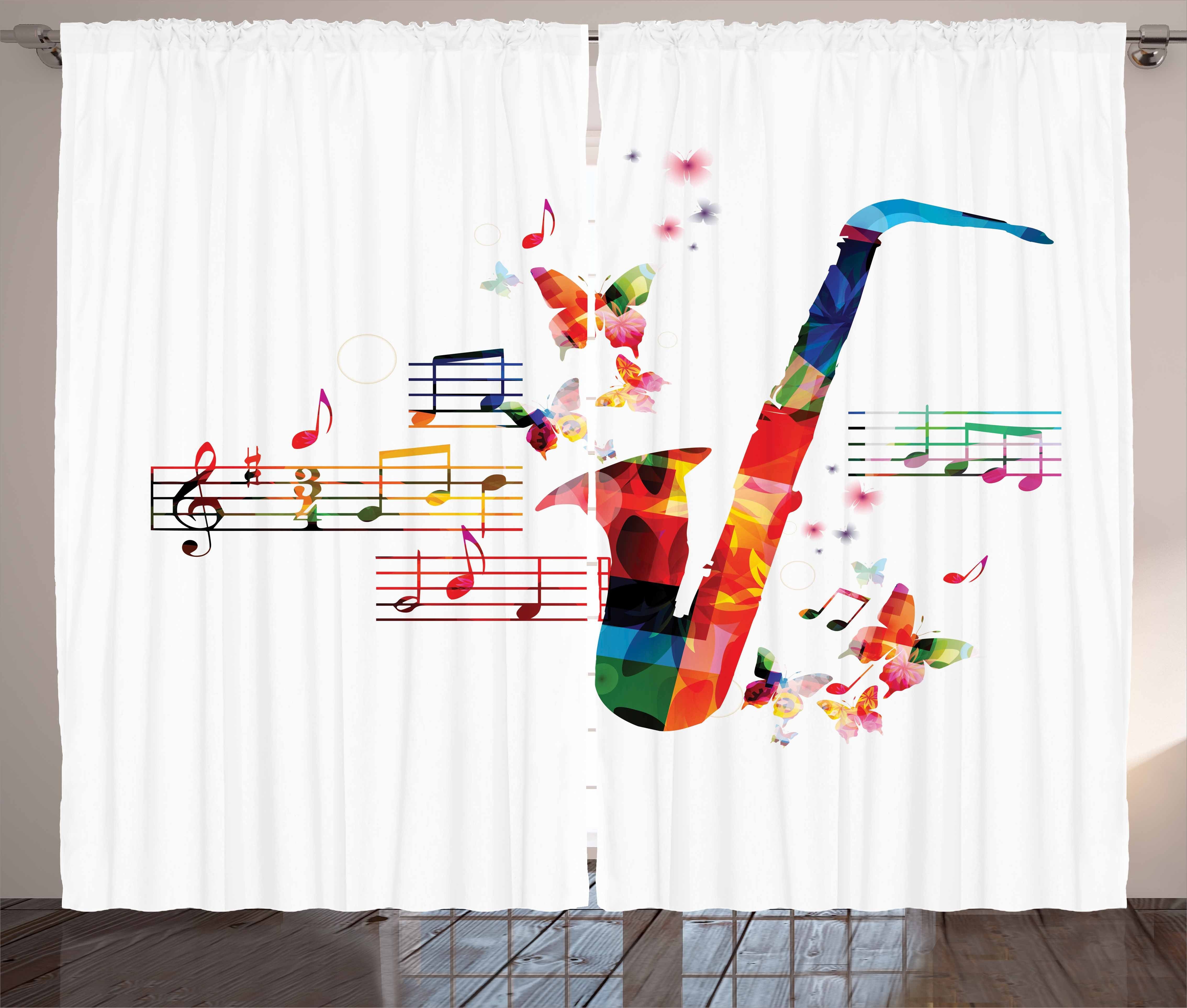 Gardine Schlafzimmer Kräuselband Vorhang mit Schlaufen und Haken, Abakuhaus, Musik Saxophon mit Schmetterlingen