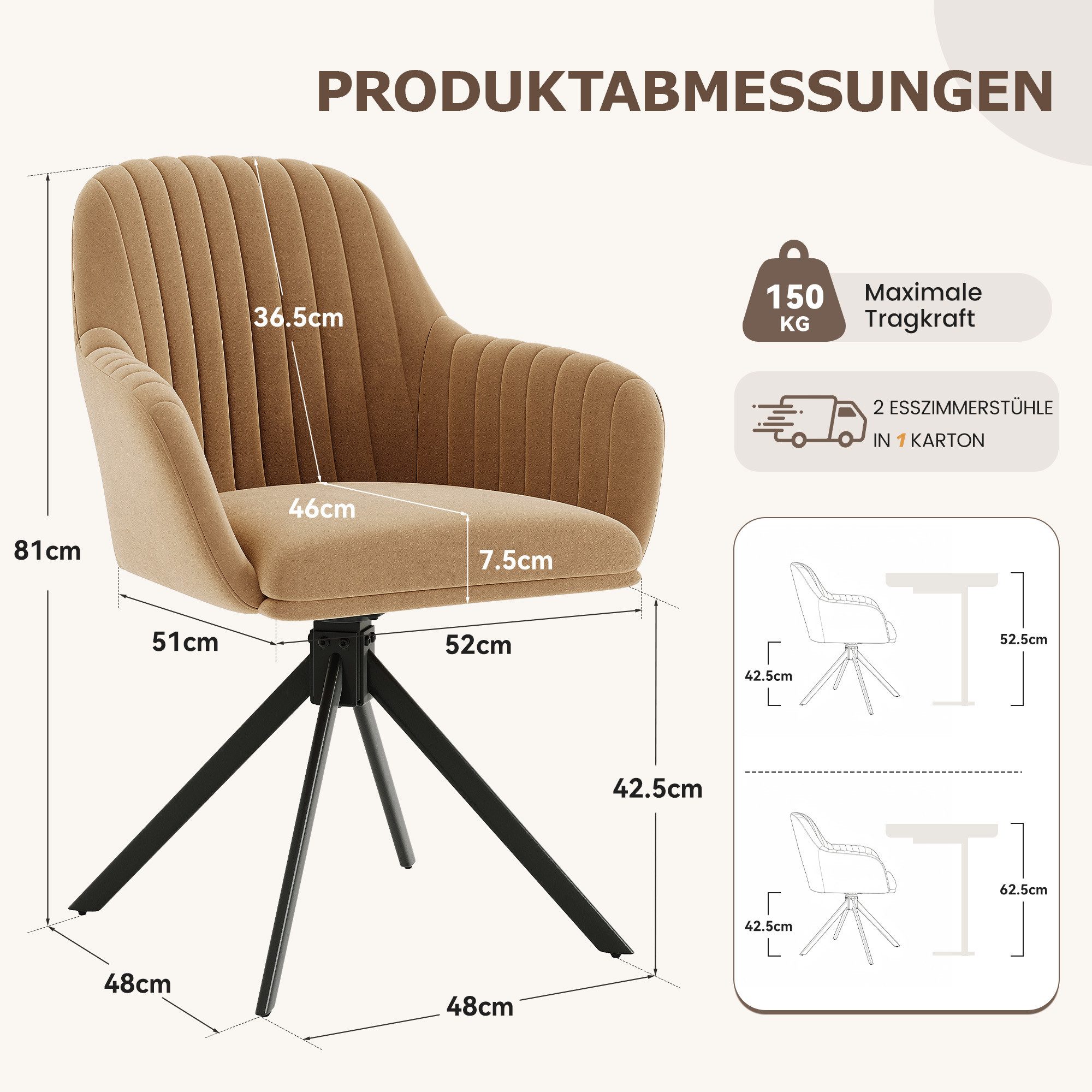 HawthyHome Esszimmerstuhl 2er Set mit Armlehne & Metallbeinen, Samt Polsterstuhl, 360° Drehbar (2 St), 360° Drehbar, Höheneinstellbar – Bild 2 von 5