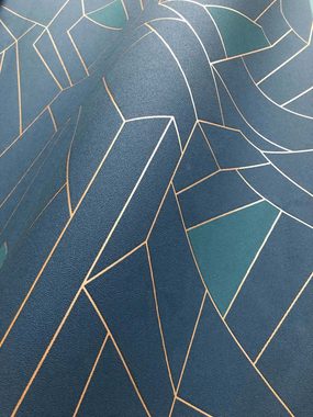 Newroom Vliestapete, Blau Geometrisch Grafisch Grafisch - Mustertapete Gold Retro Modern für Büro Diele/Flur Schlafen