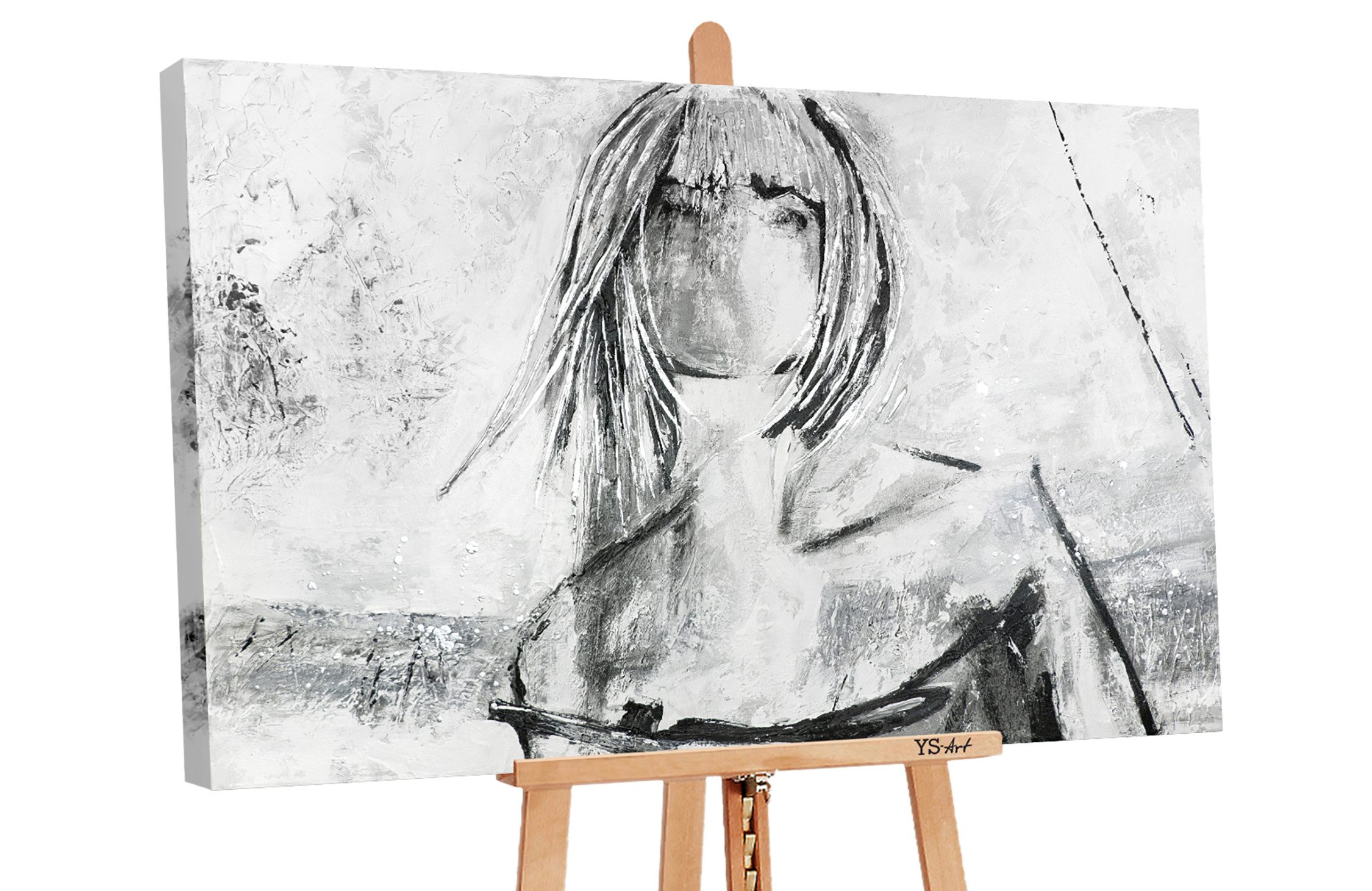 YS-Art Gemälde Faszination, Menschen, Leinwand Bild Handgemalt Junge Frau Mädchen Grau Schwarz
