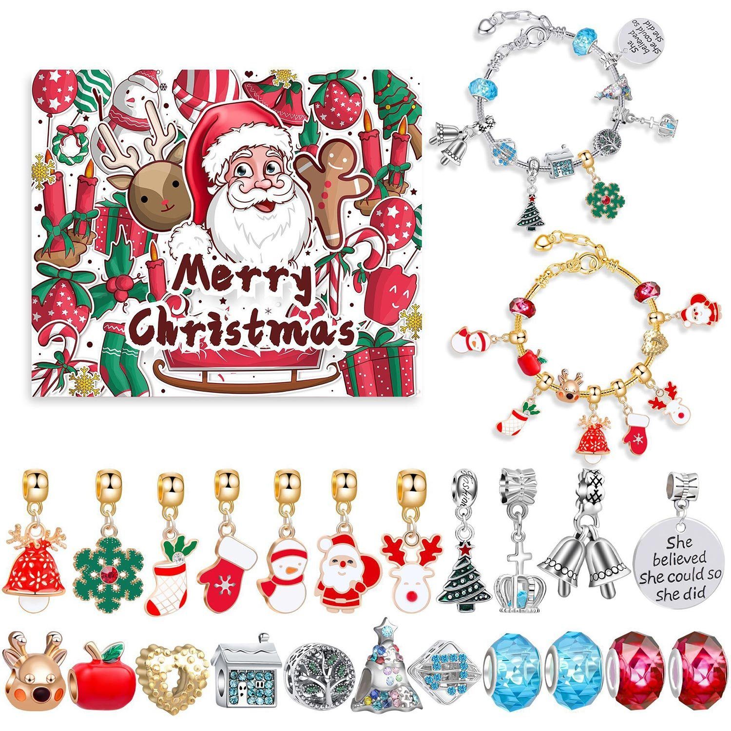 MAGICSHE Adventskalender 24 Füllprozess Anhänger Armband Sets, DIY Weihnachtskalender Armband Rot1