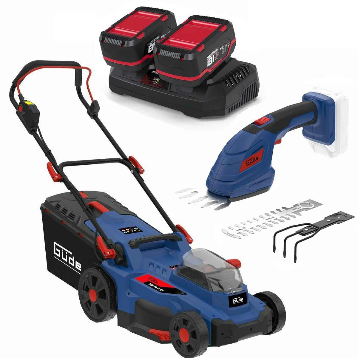 Güde Akkurasenmäher GÜDE Akku Газонокосилки RM 36/37 mit 2 x Akku 4.0 Ah Gras + Strauchschere