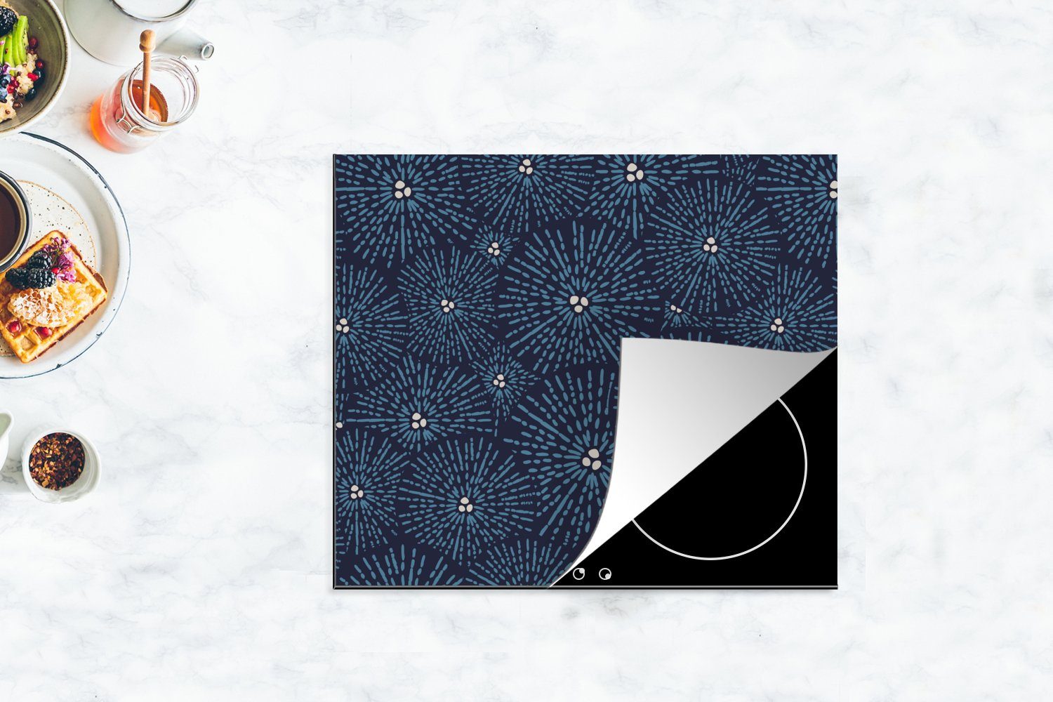 - tlg), 60x52 (1 Herdblende-/Abdeckplatte Blau - Mobile MuchoWow cm, Vinyl, nutzbar, - Arbeitsfläche - Blumen Muster Japanisch Ceranfeldabdeckung Weiß,