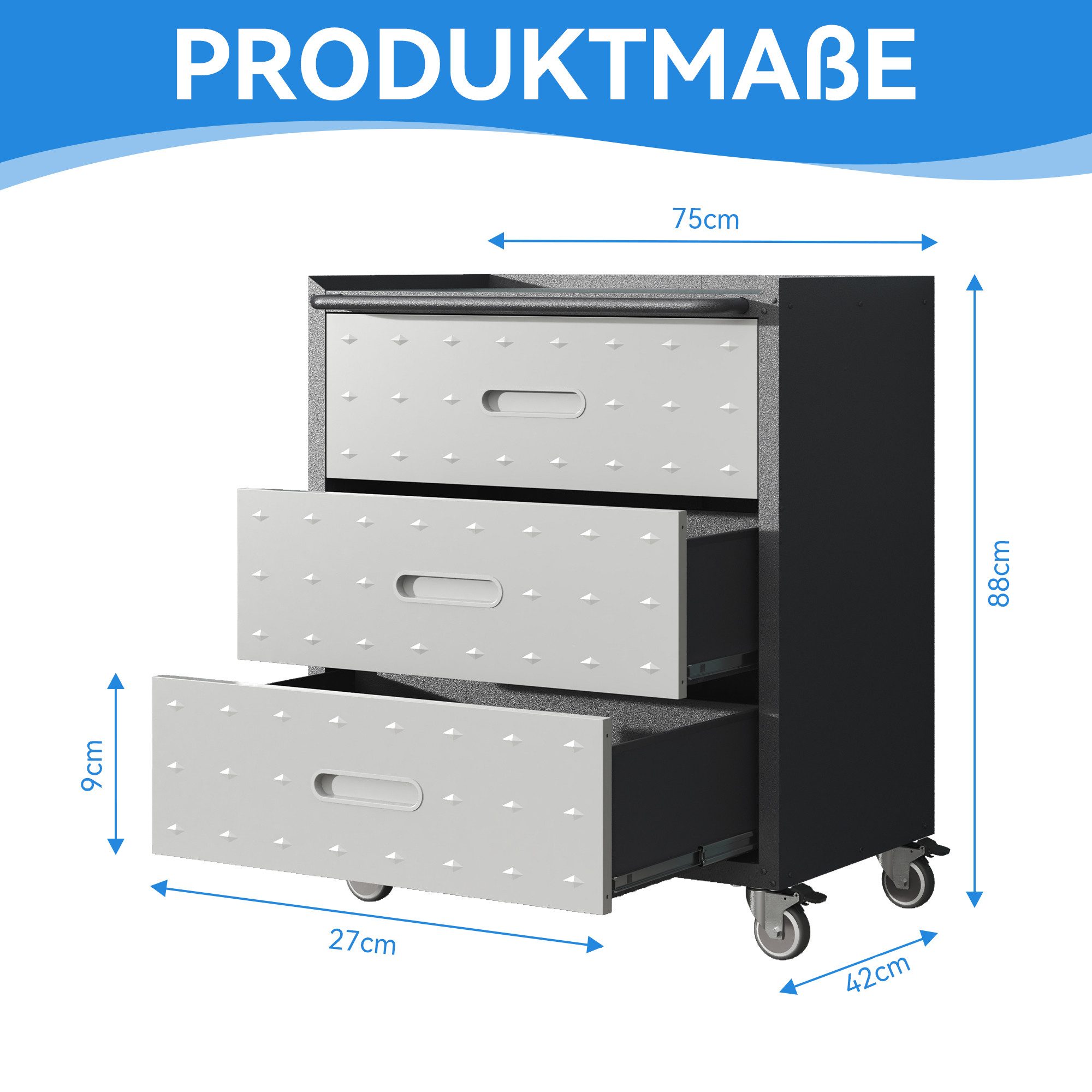 Odikalo Werkzeugschrank Heavy-Duty Metall mit Rollen 3-Schubladen-Tool-Cabinet grau/schwarz 75 × 42 × 88 cm – Bild 3 von 5