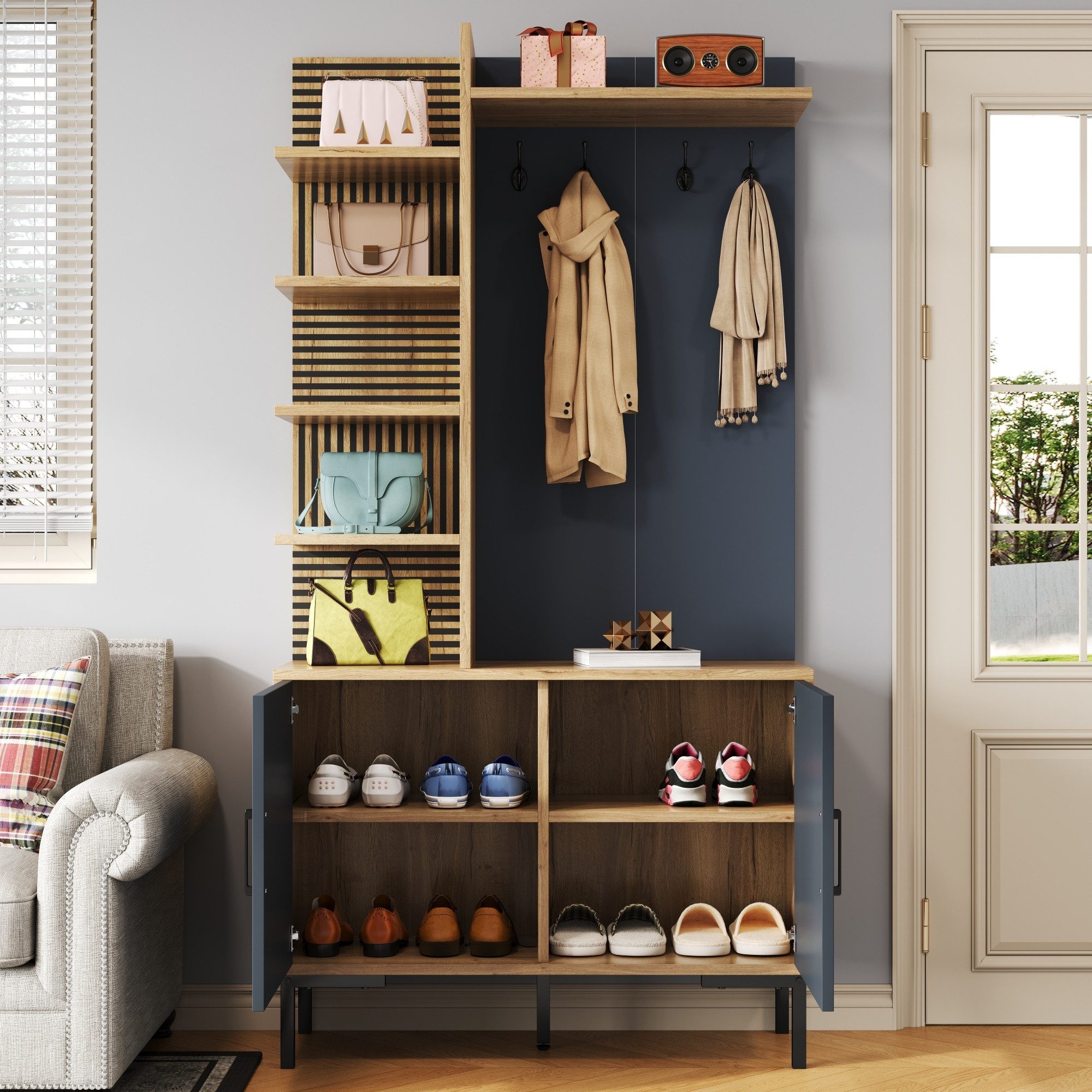 Refined Living Garderoben-Set Kompaktgarderobe mit Schuhschrank und Haken, Flurmöbel, (Moderne Flurgarderobe mit 2 Türen, 4 Ablagen, Spanplatte, höhenverstellbarem Regal und Metallbeinen in Holzoptik, 1-St., Platzsparend mit Schuhaufbewahrung, offenen Regalen und Haken), Garderoben-Set für Flur und Diele, Industrial Style, Zweifarbig