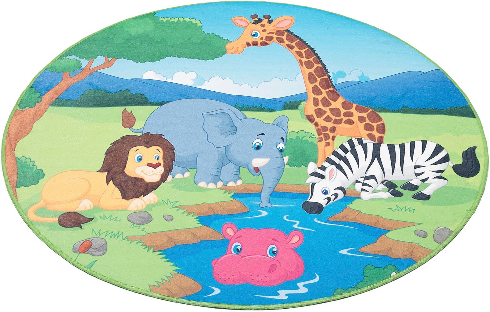 Kinderteppich Wasserstelle, Böing Carpet, rund, Höhe: 4 mm, bedruckt, Motiv Zootiere, waschbar, Kinderzimmer | Kurzflor-Teppiche