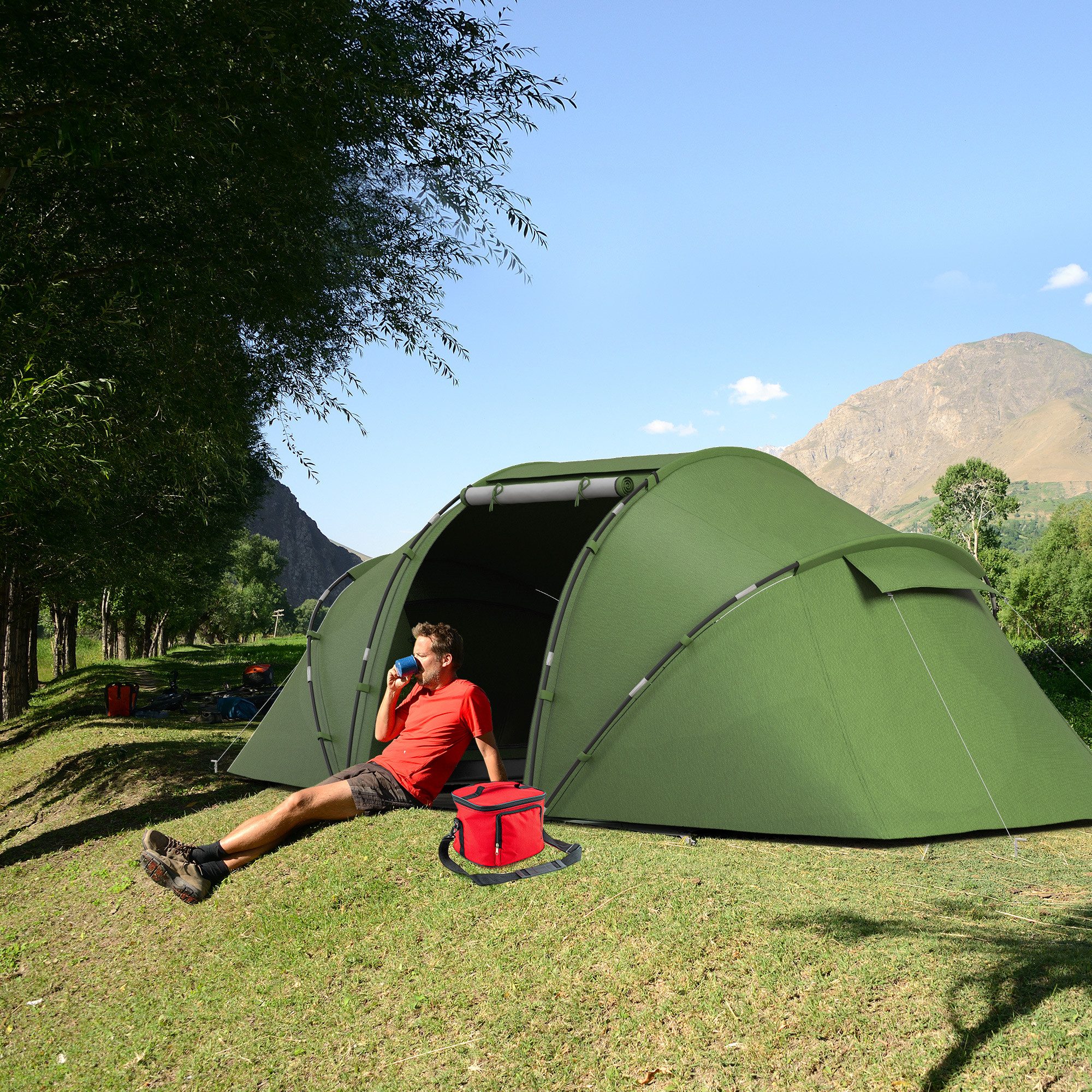 Outsunny Tunnelzelt Campingzelt mit Bodenplane, Personen: 6 (Familienzelt, 1 tlg., mit Transporttasche, 22 Heringe, 8 Abspannseile), für Camping Reise Trekking Garten, Grün