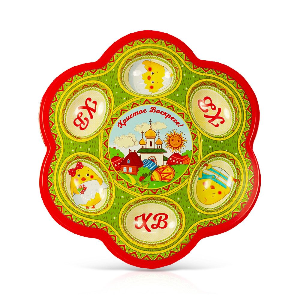 Eierkorb Osterständer 6 Eier und Kulitsch Ø 23 cm rot-grün mit Osterschriftzug, Kunststoff, Mit Beschriftung